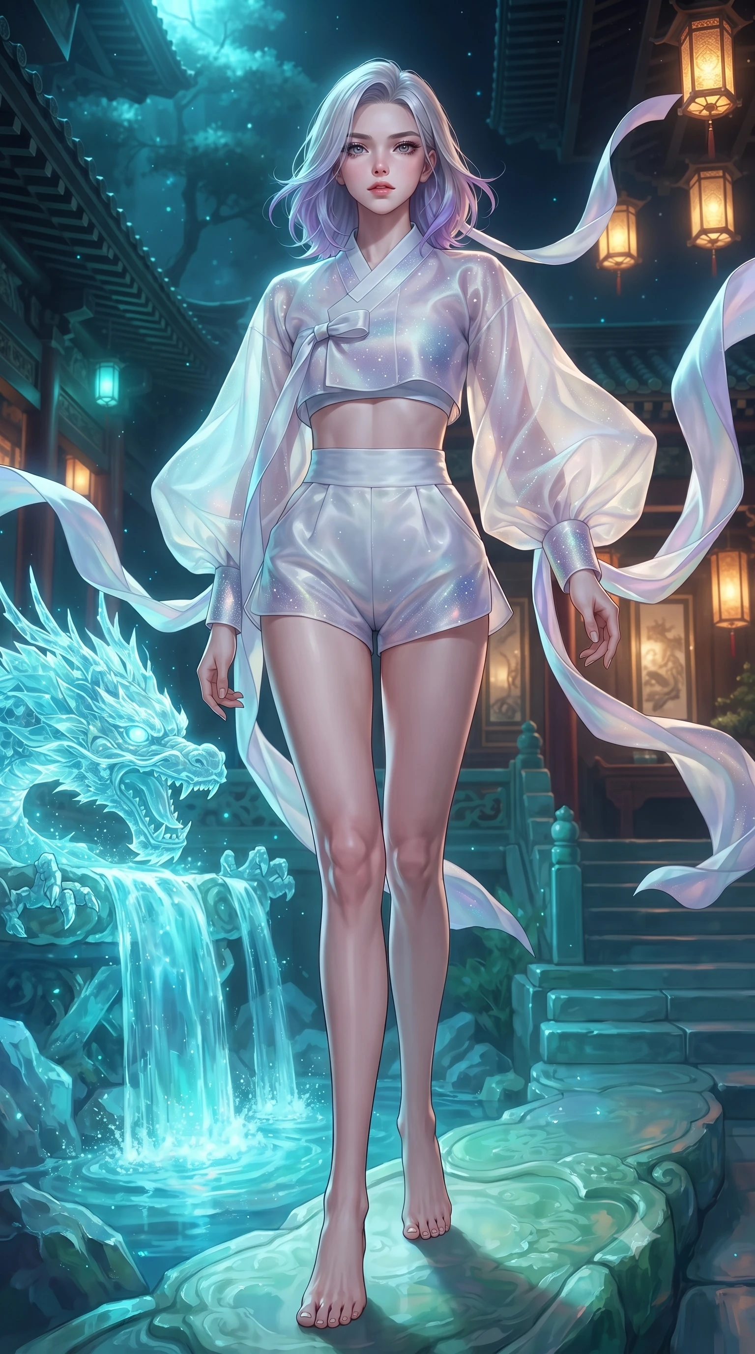 score_9, masterpiece, best quality, ultra-detailed, high-budget anime keyframe, editorial fashion photography, tasteful artistic composition, Caucasian woman. low angle full-body shot from head to toe showing her feet, filling the entire 9:16 vertical frame with her statuesque presence, stretching her vertical silhouette. striding forward in a proud, dynamic supermodel runway stride, her statuesque vertical silhouette commanding the entire frame while standing poised on a sculpted jade terrace beside a glowing crystalline dragon spring where bioluminescent water cascades. The surrounding environment is rendered in vivid detail and crisp panoramic clarity. detailed mineral spring caustics, architectural bracket systems, and silk embroidery in high clarity. She has an absolutely perfect, statuesque 8.5-heads proportion, an exceptionally tall and slender model-like female figure with impossibly long slender legs, a toned flat midriff, and an ultra-slim waist. sharp v-shaped jawline, high-bridge nose, intricate jewel-like eyes with depth, thick eyelashes, glossy lips with a natural sheen, captivating and magnetic expression, flawlessly proportioned anatomical accuracy, strict slender model proportions, natural body alignment, perfectly sculpted long slender limbs, ultra-slim waistline, clean dynamic posture without body distortion. wearing a modern shortened cyber-hanbok crop top with wide billowing sleeves and high-waist silk shorts in celestial opal white and stardust violet, crafted from weightless prism organza that refracts light with every motion, complemented by long flowing silk arm ribbons that float weightlessly in the air, the form-contouring material adhering flawlessly to her sculpted flat midriff and slender torso, emphasizing her long leg lines and perfectly proportioned willowy build. bathed in luminous cyan dragon spring uplights and warm imperial gold lantern downlights. ultra-reflective glossy finish, specular highlights, rich textural contrasts, high-contrast stereoscopic depth, volumetric dynamic lighting, 2k, ultra detail, master piece, 9:16 ratio