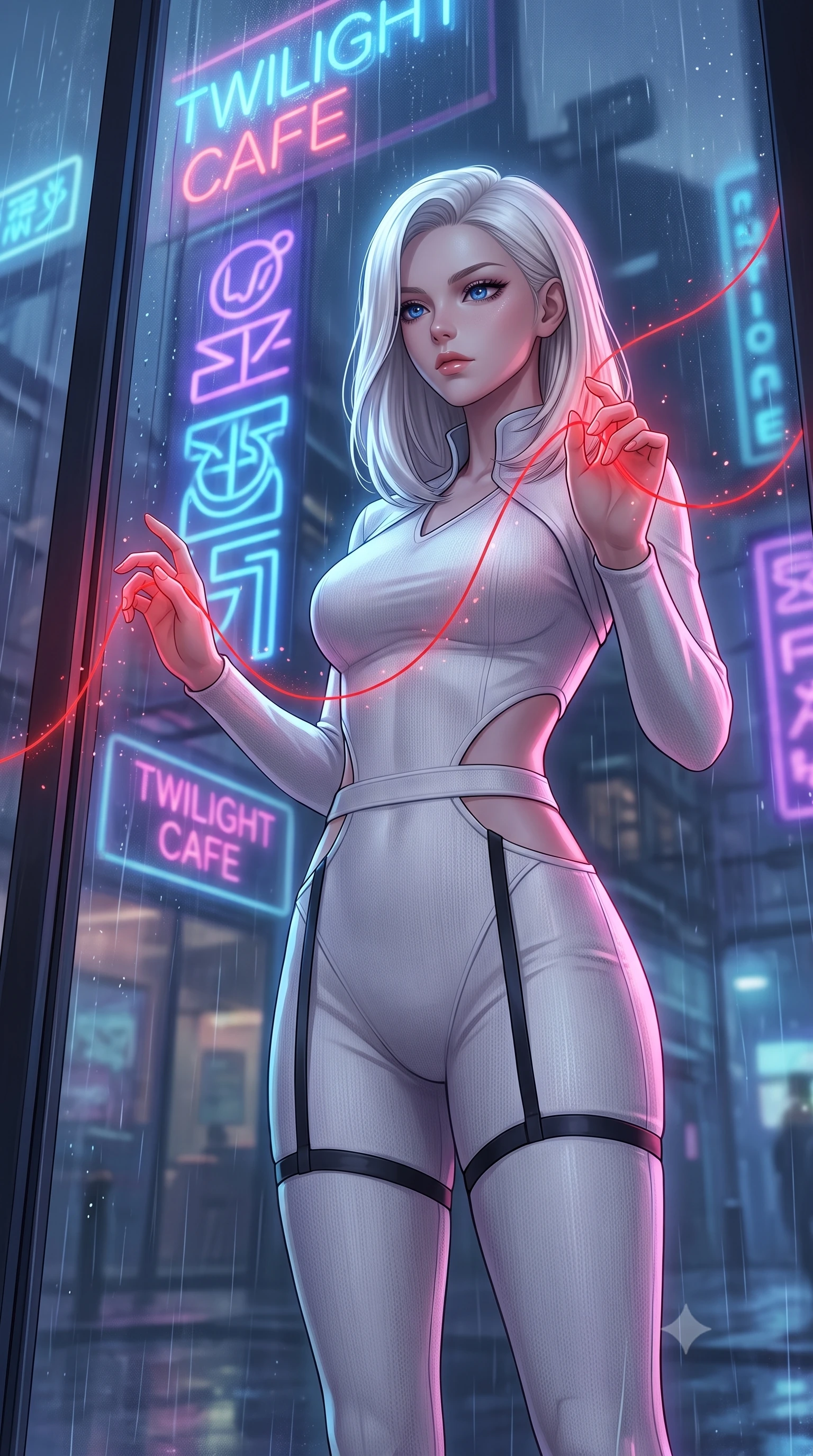 score_9, masterpiece, best quality, ultra-detailed, High-budget Anime Keyframe, Caucasian woman, strictly human ears. Low angle cowboy shot filling the entire 9:16 frame with her statuesque presence. Scenario 519: tracing a glowing red thread of fate with her fingers in a glowing neon window at twilight with soft rain falling. Her presence is magnetic and overpowering in this high-budget anime scene. Outfit 519: a form-contouring pearl white bodycon knit jumpsuit with strategic waist cut-outs and slender leg straps. The clothing is designed to emphasize her exceptionally tall and slender 8-heads proportion. 8-heads proportion, towering silhouette, ultra-slim waist. sharp v-shaped jawline, intricate jewel-like eyes with depth, thick eyelashes, glossy lips. 2k, ultra detail, master piece, 9:16 ratio