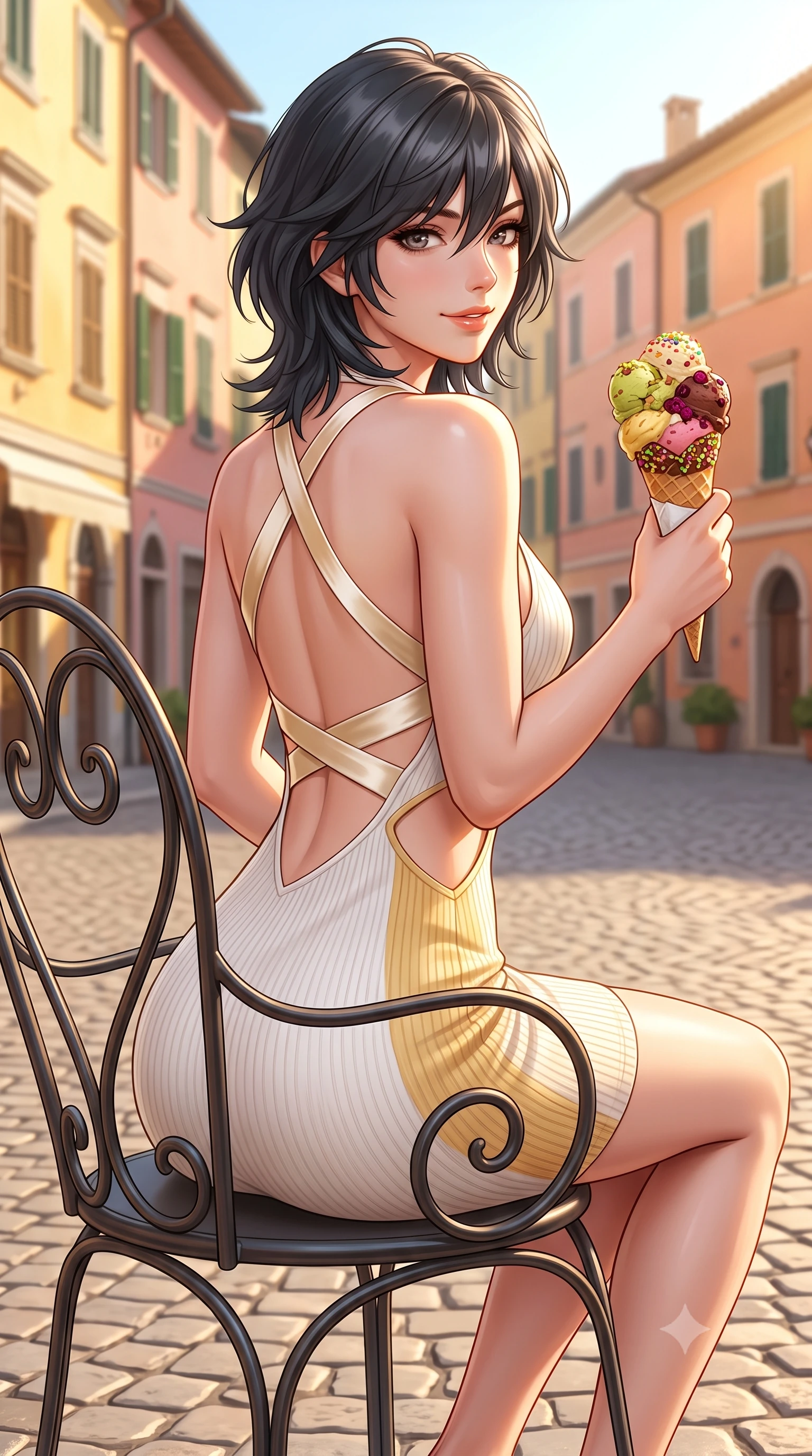 score_9, masterpiece, best quality, ultra-detailed, high-budget anime keyframe, semi-realistic 3D game render, editorial fashion photography, tasteful artistic composition, Caucasian woman. close-up cowboy shot from the waist and thighs up, the character dominates the composition, filling the frame with her large presence. posing in an alluring rear three-quarter angle, turning over a bare shoulder with an intoxicating cute smile, her hips cocked back to highlight her slim hourglass curve while sitting perched on a wrought-iron patio chair holding a colorful artisanal gelato cone, arching her back with a delightfully cute, playful smile. The surrounding environment is rendered in vivid detail and crisp panoramic clarity. sharp gelato cone texture, wrought-iron chair curls, and cobblestone paving stone seams in deep focus. She has an exceptionally elegant, slender, and willowy female figure with an ultra-slim waist, flat toned midriff, narrow ribcage, and sculpted feminine hips creating an alluring, slim hourglass silhouette without bulk. sharp v-shaped jawline, high-bridge nose, intricate jewel-like sparkling eyes with depth, thick eyelashes, glossy parted lips with a natural peach sheen, bright cheerful beaming smile with an enchanting and coquettish sensual glint, exuding both youthful cute charm and seductive allure, flawlessly proportioned anatomical accuracy, strict slender model proportions, natural body alignment, perfectly sculpted long slender limbs, ultra-slim waistline, clean dynamic posture without body distortion. wearing a backless pastel halter sundress with side-waist diamond cutouts and an ultra-fitted hip-hugging silhouette in pure alabaster white and sun-kissed gold, formed from supple second-skin stretch ribbed knit clinging to her form, finished with criss-cross back satin straps highlighting her graceful shoulder blades, the high-waisted tailoring accentuating her ultra-slim waistline and the enchanting curve of her feminine hips with alluring charm. bathed in warm golden afternoon Italian sunlight reflecting off pastel building facades. highly saturated vibrant anime colors, detailed shading with soft gradients, rich glossy textures, high-contrast stereoscopic depth, volumetric dynamic lighting, master piece, 9:16 ratio