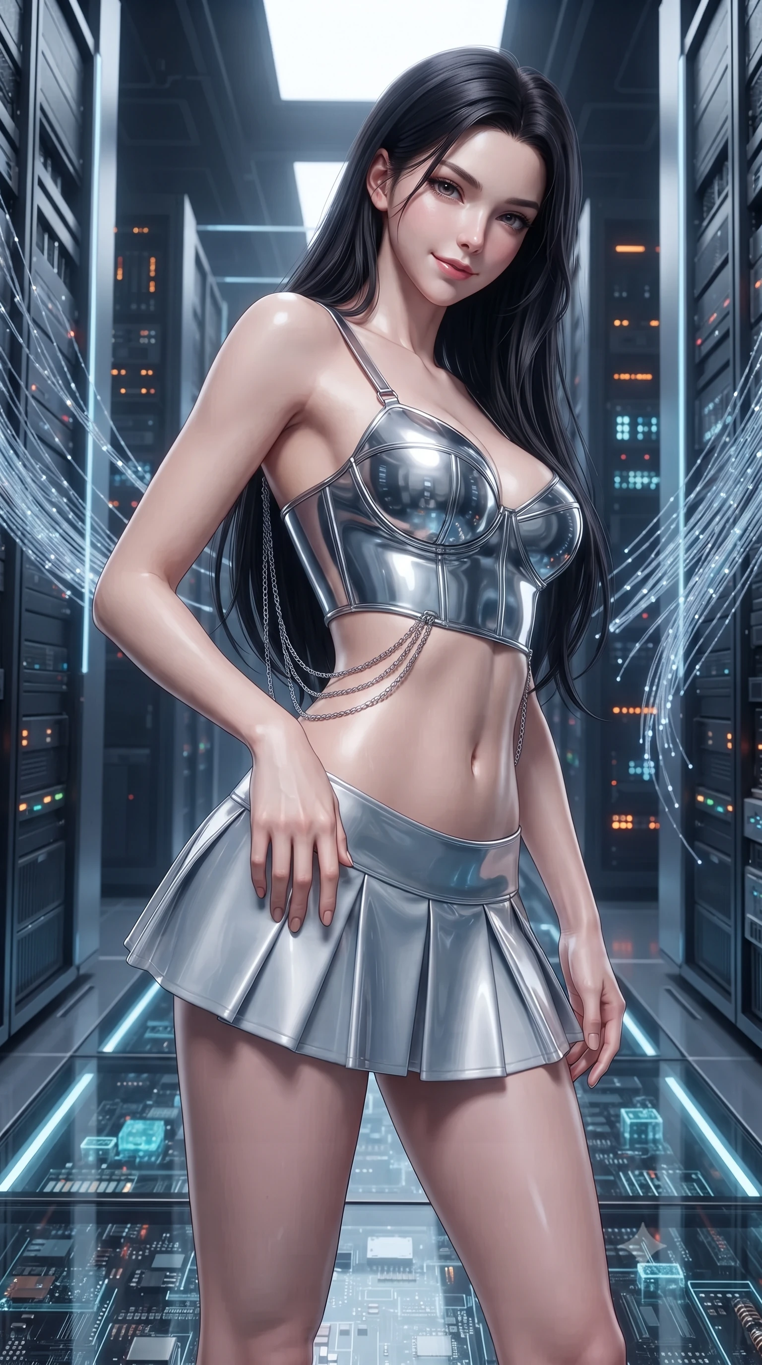 score_9, masterpiece, best quality, ultra-detailed, high-budget anime keyframe, editorial fashion photography, tasteful artistic composition, Korean woman. close-up cowboy shot from the waist and thighs up, the character dominates the composition, filling the frame with her large presence. tilting her head with a teasing half-smile, running one hand slowly down the side of her hip in a flirtatious S-curve as ambient light caresses her silhouette while standing poised along the suspended glass gantry between towering quantum computing monoliths, arching her lower back as cascading fiber-optic data pulses shimmer. The surrounding environment is rendered in vivid detail and crisp panoramic clarity: sharp brushed titanium server housings, intricate crystalline micro-circuits beneath glass flooring, and glowing bus-bar conduit details in deep focus. She has an exceptionally elegant, slender, and willowy female figure with an ultra-slim waist, flat toned midriff, narrow ribcage, and sculpted feminine hips creating an alluring, slim hourglass silhouette without bulk. sharp v-shaped jawline, high-bridge nose, intricate jewel-like sparkling eyes with depth, thick eyelashes, glossy parted lips with a natural peach sheen, bright cheerful beaming smile with an enchanting and coquettish sensual glint, exuding both youthful cute charm and seductive allure, flawlessly proportioned anatomical accuracy, strict slender model proportions, natural body alignment, perfectly sculpted long slender limbs, ultra-slim waistline, clean dynamic posture without body distortion. wearing a chrome-plated structured underwire bustier top paired with an ultra-short low-rise pleated micro mini skirt in Shackleton lunar ice silver and Earthrise cobalt, made of fluid liquid jersey with seamless sculpting hold and smooth contours, accented with an open-back drape framed by falling strands of delicate chrome chains, the bespoke structured tailoring following the natural line of her 8.5-heads silhouette with refined elegance. bathed in cold 6500K quantum laser arrays contrasted with warm amber status indicators. ultra-reflective glossy finish, specular highlights, rich textural contrasts, high-contrast stereoscopic depth, volumetric dynamic lighting, 2k, ultra detail, master piece, 9:16 ratio
