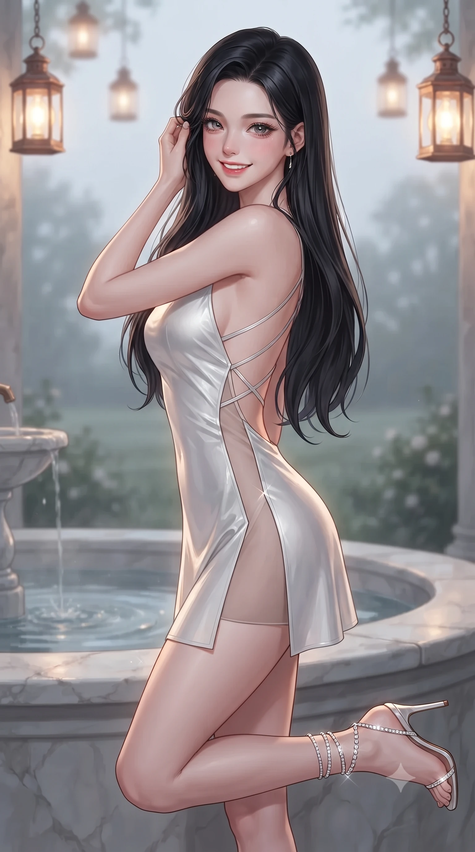 score_9, masterpiece, best quality, ultra-detailed, high-budget anime keyframe, editorial fashion photography, tasteful artistic composition, Korean woman. close-up cowboy shot from the waist and thighs up, the character dominates the composition, filling the frame with her large presence. gently brushing a lock of hair behind her ear while casting a playful, flirtatious side-gaze with long eyelashes while twisting her slender torso in an alluring S-curve beside the marble water basin, gentle lantern light wrapping around her flat midriff and curvy hips. The background shows a soft-focus gentle distillation mist softened in pastoral French countryside shallow focus. She has an exceptionally elegant, slender, and willowy female figure with an ultra-slim waist, flat toned midriff, narrow ribcage, and sculpted feminine hips creating an alluring, slim hourglass silhouette without bulk. sharp v-shaped jawline, high-bridge nose, intricate jewel-like sparkling eyes with depth, thick eyelashes, glossy parted lips with a natural peach sheen, bright cheerful beaming smile with an enchanting and coquettish sensual glint, exuding both youthful cute charm and seductive allure, flawlessly proportioned anatomical accuracy, strict slender model proportions, natural body alignment, perfectly sculpted long slender limbs, ultra-slim waistline, clean dynamic posture without body distortion. wearing a backless liquid lamé mini dress with criss-cross spinal straps and daring side slit in pure translucent crystal white and liquid platinum, featuring strategic sheer-illusion tulle side panels framing her ribcage and hips, complemented by strappy stiletto sandals with crystal ankle wraps accentuating her slender calves, the glove-like clinging cut tightly following the natural contour of her hips and long slender legs with youthful 8.5-heads elegance. bathed in the warm 2500K glow of hanging copper lantern sconces combined with silver moonlight through glass. ultra-reflective glossy finish, specular highlights, rich textural contrasts, high-contrast stereoscopic depth, volumetric dynamic lighting, 2k, ultra detail, master piece, 9:16 ratio