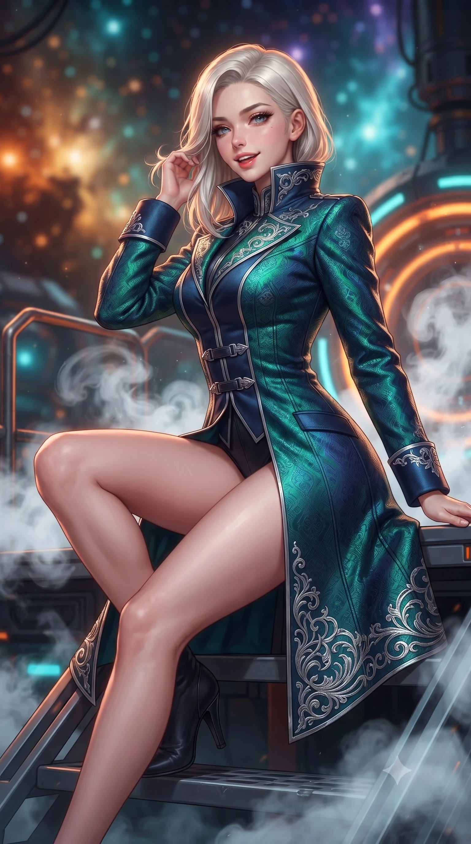 score_9, masterpiece, best quality, ultra-detailed, high-budget anime keyframe, editorial fashion photography, tasteful artistic composition, Caucasian woman. close-up cowboy shot from the waist and thighs up, the character dominates the composition, filling the frame with her large presence. gently brushing a lock of hair behind her ear while casting a playful, flirtatious side-gaze with long eyelashes while sitting poised on the elevated titanium gantry step with one knee bent, arching her back with confident combat poise and parted glossy lips. The background shows a soft-focus pulsing orange and cyan magnetic acceleration rings, billows of swirling white coolant steam, and distant star nebula blurred into amber, turquoise, and violet bokeh. She has an exceptionally elegant, slender, and willowy female figure with an ultra-slim waist, flat toned midriff, narrow ribcage, and sculpted feminine hips creating an alluring, slim hourglass silhouette without bulk. sharp v-shaped jawline, high-bridge nose, intricate jewel-like sparkling eyes with depth, thick eyelashes, glossy parted lips with a natural peach sheen, bright cheerful beaming smile with an enchanting and coquettish sensual glint, exuding both youthful cute charm and seductive allure, flawlessly proportioned anatomical accuracy, strict slender model proportions, natural body alignment, perfectly sculpted long slender limbs, ultra-slim waistline, clean dynamic posture without body distortion. wearing an aristocratic deep-space admiral longcoat with silver filigree embroidery along the hem and high structured collar in bioluminescent emerald and abyssal sapphire, woven from structured carbon-fiber jacquard with rich textural depth, finished with sleek magnetic buckle closures fluttering in the breeze, the bespoke structured tailoring following the natural line of her 8.5-heads silhouette with refined elegance. bathed in high-voltage orange runway guide strobes contrasted with cold electric-cyan magnetic coil pulses. ultra-reflective glossy finish, specular highlights, rich textural contrasts, high-contrast stereoscopic depth, volumetric dynamic lighting, 2k, ultra detail, master piece, 9:16 ratio