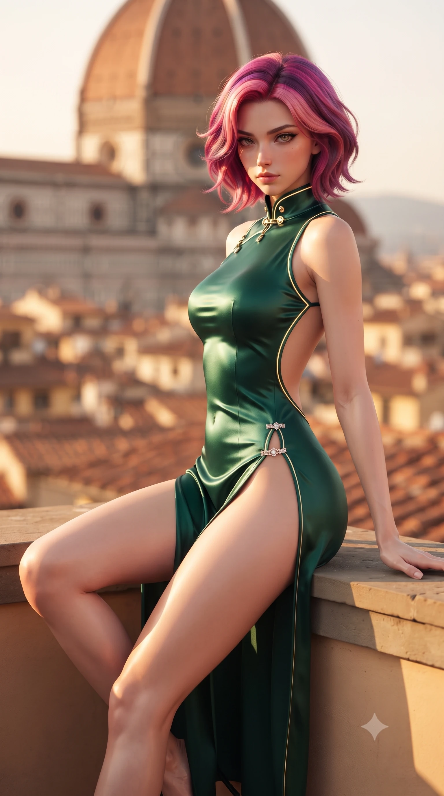 score_9, masterpiece, best quality, ultra-detailed, high-budget anime keyframe, editorial fashion photography, tasteful artistic composition, Caucasian woman. close-up cowboy shot from the waist and thighs up, the character dominates the composition, filling the frame with her large presence. leaning back with relaxed seductive grace, her sculpted collarbones and narrow waist highlighted as she casts smoldering bedroom-eyes directly into the camera while perching gracefully on the warm stone parapet with legs crossed, her wind-fluttered dress revealing her long slender legs and narrow waist. The composition keeps background elements in soft focus with creamy bokeh. sun-drenched terracotta tile rooftops and the colossal Brunelleschi Duomo blurred into warm ochre, peach, and burnt-sienna bokeh. She has an exceptionally elegant, slender, and willowy female figure with an ultra-slim waist, flat toned midriff, narrow ribcage, and sculpted feminine hips creating an alluring, slim hourglass silhouette without bulk. sharp v-shaped jawline, high-bridge nose, intricate jewel-like eyes with depth, thick eyelashes, glossy parted lips with a natural sheen, intensely captivating and seductive bedroom-eyes expression, flawlessly proportioned anatomical accuracy, strict slender model proportions, natural body alignment, perfectly sculpted long slender limbs, ultra-slim waistline, clean dynamic posture without body distortion. wearing a modernized cyber-qipao mini dress with an ultra-high side slit ascending to the hip and glowing piping in deep emerald green satin and gold hardware, tailored from liquid silk jersey adhering flawlessly to her slender build, finished with an ultra-high side slit secured by miniature jeweled clasps, the dramatically scooped open back descending to the base of her spine, accentuating her razor-sharp statuesque lines and slim hourglass silhouette. illuminated by crisp directional sunset rays sculpting her sculpted clavicle, flat midriff, and rounded hips. ultra-reflective glossy finish, specular highlights, rich textural contrasts, high-contrast stereoscopic depth, volumetric dynamic lighting, 2k, ultra detail, master piece, 9:16 ratio