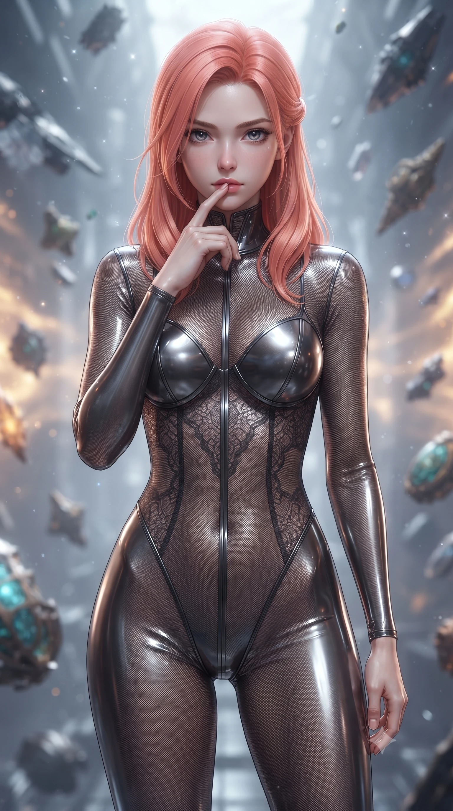 score_9, masterpiece, best quality, ultra-detailed, high-budget anime keyframe, editorial fashion photography, tasteful artistic composition, Japanese woman. close-up cowboy shot from the waist and thighs up, the character dominates the composition, filling the frame with her large presence, background elements kept in soft focus. pressing one finger to her bottom lip in a thoughtful, composed gesture, locking eyes with the viewer, the background shows a soft-focus a temporal rift corridor filled with floating relics from ancient space empires. She has an exceptionally elegant, slender, and willowy female figure with an ultra-slim waist, a gracefully sculpted slender torso, and a refined silhouette. sharp v-shaped jawline, high-bridge nose, intricate jewel-like eyes with depth, thick eyelashes, glossy lips with a natural sheen. wearing a form-contouring semi-opaque dark mesh catsuit with carbon-plated cups and fine lace-pattern panels across her torso. cool silver starlight clashing with amber stasis energy fields from the rift. ultra-reflective glossy finish, specular highlights, metallic sheen, high-contrast stereoscopic depth, volumetric dynamic lighting, 2k, ultra detail, master piece, 9:16 ratio