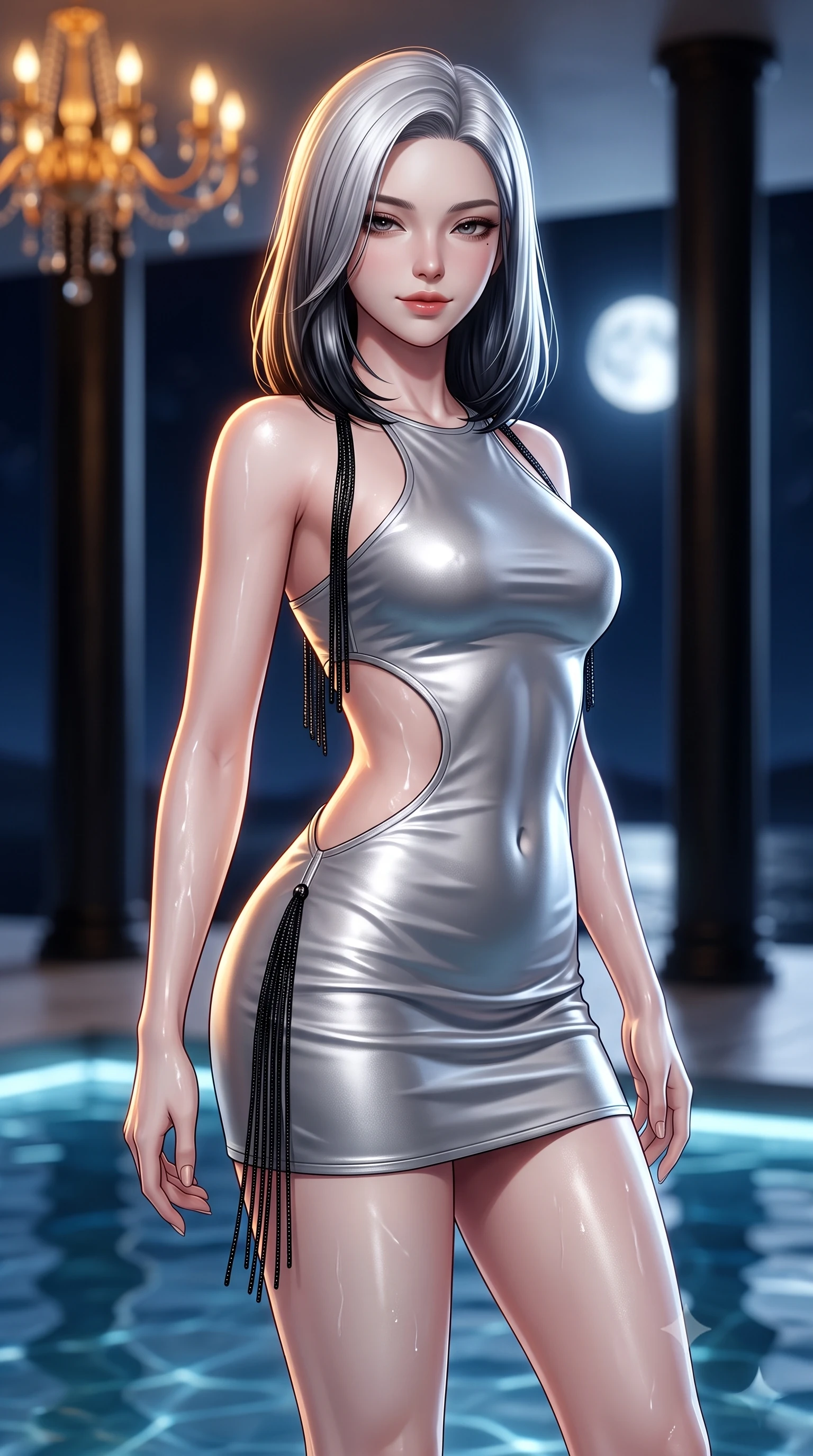 score_9, masterpiece, best quality, ultra-detailed, high-budget anime keyframe, semi-realistic 3D game render, editorial fashion photography, tasteful artistic composition, Korean woman. close-up cowboy shot from the waist and thighs up, the character dominates the composition, filling the frame with her large presence. turning slowly with a smoldering smile, her glossy dark hair catching the amber chandelier rim light as her hips angle gracefully in a captivating contrapposto while twisting her slender torso in an alluring S-curve, water caustics and moonlight playing across her narrow waist and rounded feminine hips. The composition keeps background elements in soft focus with dreamy creamy bokeh. soaring minimalist black basalt columns and distant open midnight sky with bright full moon blurred into cold platinum, silver, and obsidian bokeh. She has an exceptionally elegant, slender, and willowy female figure with an ultra-slim waist, flat toned midriff, narrow ribcage, and sculpted feminine hips creating an alluring, slim hourglass silhouette without bulk. sharp v-shaped jawline, high-bridge nose, intricate jewel-like dark sparkling eyes with dangerous depth, thick curled eyelashes, glossy parted lips with a rich wine sheen, smoldering seductive half-smile with bedroom-eyes, exuding effortless superiority and intoxicating dark allure, flawlessly proportioned anatomical accuracy, strict slender model proportions, natural body alignment, perfectly sculpted long slender limbs, ultra-slim waistline, clean dynamic posture without body distortion. wearing a cut-out liquid silver mini dress with open-waist architecture emphasizing her hourglass curves in ruby crimson and muted shadow black, made of supple butter-soft lambskin leather with a subtle satin sheen, accented with fine jet-black beaded tassels that sway with each movement, the form-fitting cut adhering flawlessly to her sculpted flat midriff and slender torso, emphasizing her long leg lines and perfectly proportioned willowy build. illuminated by subtle underwater fiber-optic perimeter lights and crisp platinum rim lighting sharply carving her slim torso, narrow waist, and curvy hips. highly saturated vibrant anime colors, detailed shading with soft gradients, rich glossy textures, high-contrast stereoscopic depth, volumetric dynamic lighting, master piece, 9:16 ratio