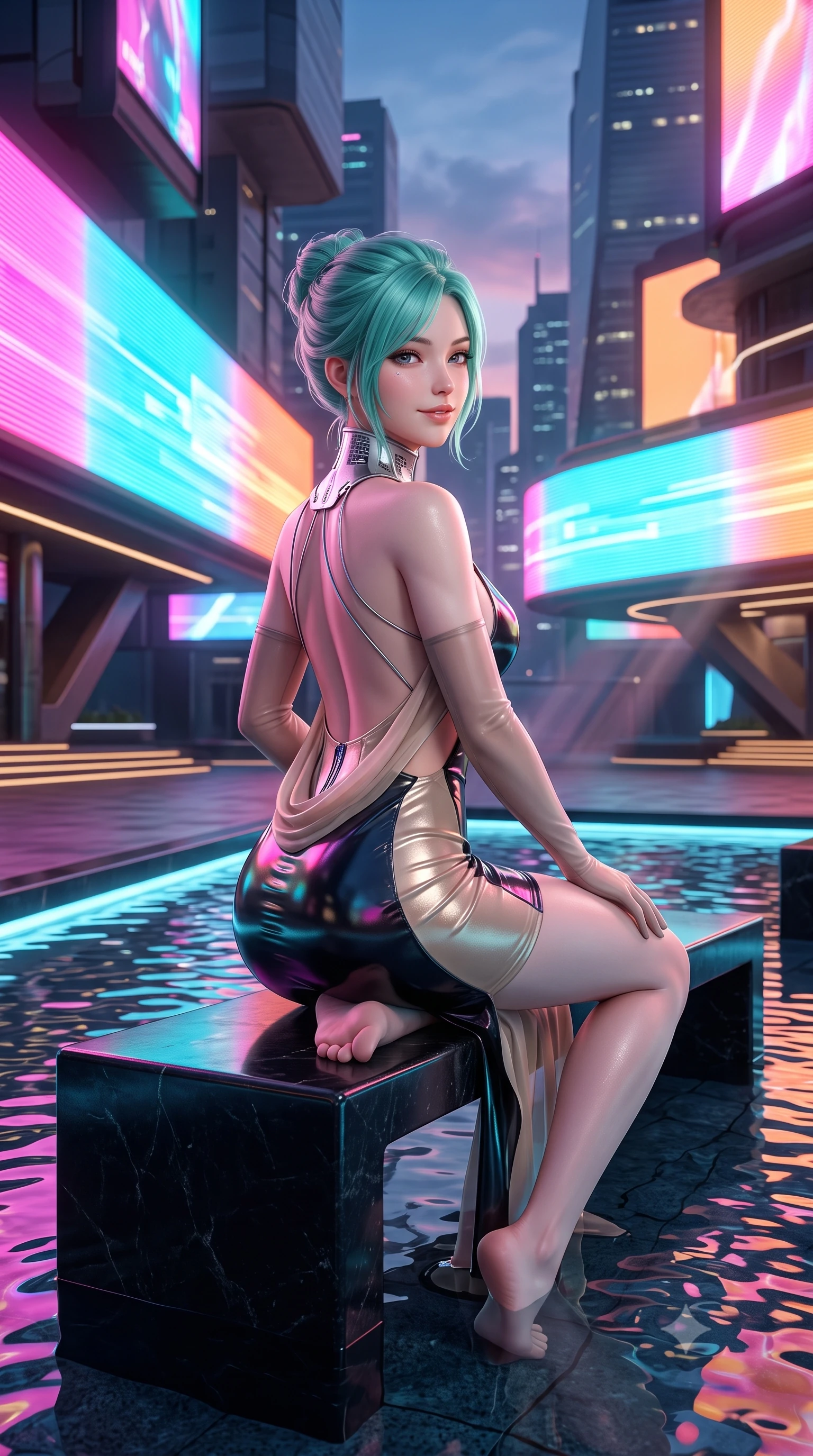 score_9, masterpiece, best quality, ultra-detailed, high-budget anime keyframe, semi-realistic 3D game render, editorial fashion photography, tasteful artistic composition, Japanese woman. low angle full-body shot from head to toe showing her feet, filling the entire 9:16 vertical frame with her statuesque presence, stretching her vertical silhouette. executing a slow, graceful pivot turn as her skirt sways around her slender legs, glancing back with an enchanting, teasing sensual expression while sitting poised on the submerged stone bench with one knee drawn up, casting a teasing, magnetic bedroom-smile toward the viewer. The surrounding environment is rendered in vivid detail and crisp panoramic clarity: detailed strapless boned corset swimsuit weave, silver neck collar shine, and cutting-edge cantilever engineering in razor-sharp precision. She has an absolutely perfect, statuesque 8.5-heads proportion, an exceptionally tall and slender model-like female figure with impossibly long slender legs, an ultra-slim waist, a flat toned midriff, narrow delicate ribcage, and beautifully sculpted feminine hips creating a graceful, slim hourglass silhouette without any bulky heaviness. sharp v-shaped jawline, high-bridge nose, sparkling eyes with hypnotic seductive depth, thick curled eyelashes, glossy parted lips with a natural dewy peach sheen, alluring bedroom-eyes with an enchanting coquettish smile, exuding magnetic siren charisma and sophisticated glamour, flawlessly proportioned anatomical accuracy, strict slender model proportions, natural body alignment, perfectly sculpted long slender limbs, ultra-slim waistline, clean dynamic posture without body distortion. wearing a slinky backless halterneck column mini dress in shimmering liquid vinyl clinging like a second skin in midnight obsidian black and liquid champagne gold, made of sheer gossamer chiffon that drapes softly against skin with airy translucence, complemented by sheer opera-length evening gloves tracing her slender arms, the precision-cut side openings and low-back scoop framing her graceful spine and the sensual sweep of her slim, toned hips. bathed in dynamic shifting saturated neon pink, cyan, and amber light projected horizontally from monumental electronic billboards. highly saturated vibrant anime colors, detailed shading with soft gradients, rich glossy textures, high-contrast stereoscopic depth, volumetric dynamic lighting, master piece, 9:16 ratio