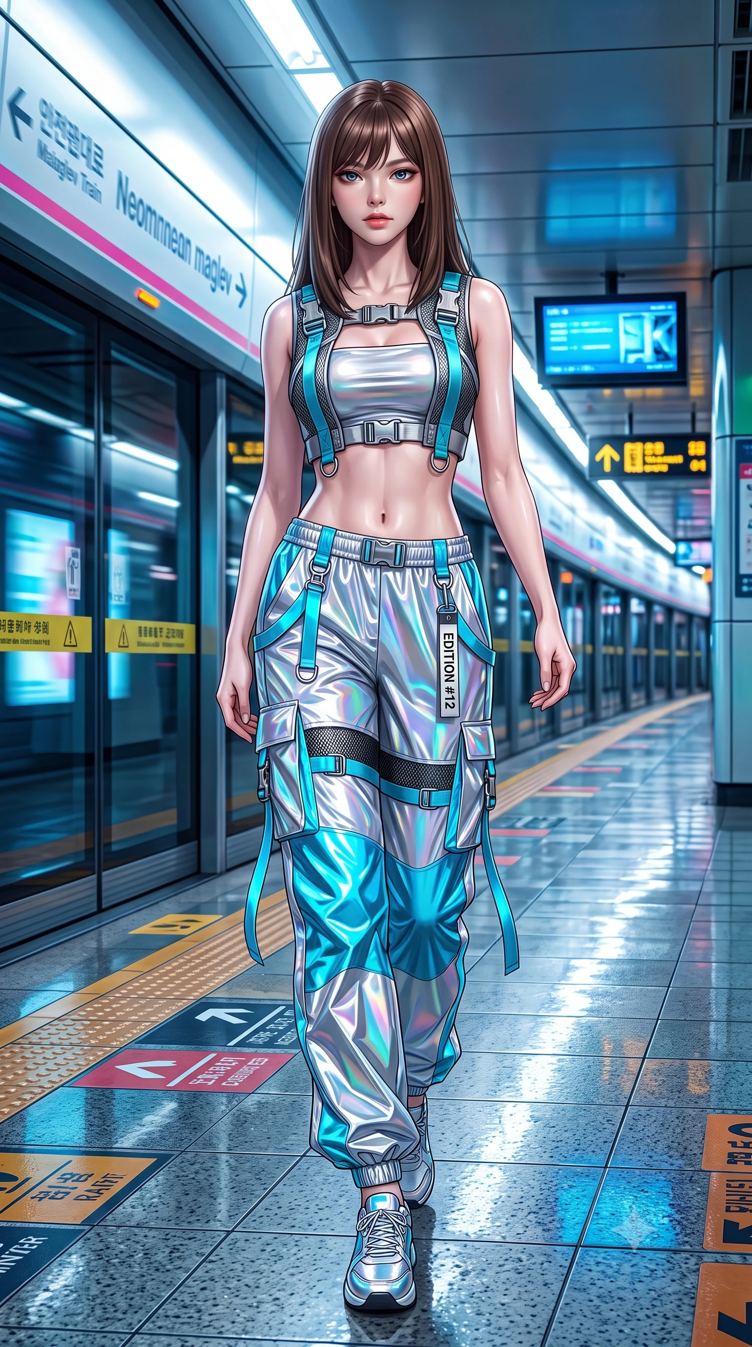score_9, masterpiece, best quality, ultra-detailed, high-budget anime keyframe, semi-realistic 3D game render, editorial fashion photography, tasteful artistic composition, Korean woman. low angle full-body shot from head to toe showing her feet, filling the entire 9:16 vertical frame with her statuesque presence, stretching her vertical silhouette. striding forward in a proud, dynamic supermodel runway stride, her statuesque vertical silhouette commanding the entire frame while pivoting sharply on the wet tiled subway platform as an incoming neon-lit maglev train rushes past in a blur of light. The surrounding environment is rendered in vivid detail and crisp panoramic clarity. detailed platform safety markings, leather harness buckles, and train headlights in high clarity. She has an absolutely perfect, statuesque 8.5-heads proportion, an exceptionally tall and slender model-like female figure with impossibly long slender legs, a toned flat midriff, and an ultra-slim waist. sharp v-shaped jawline, high-bridge nose, intricate jewel-like eyes with depth, thick eyelashes, glossy lips with a natural sheen, captivating and magnetic expression, flawlessly proportioned anatomical accuracy, strict slender model proportions, natural body alignment, perfectly sculpted long slender limbs, ultra-slim waistline, clean dynamic posture without body distortion. wearing a futuristic cropped tech-harness vest worn over a silver reflective tube top and high-rise metallic parachute cargo pants in holographic silver and electric cyan, crafted from high-gloss metallic ripstop nylon and flexible carbon mesh, detailed with heavy-duty chrome quick-release buckles and D-ring straps edition #12, the breezy yet form-flattering drape swaying gracefully with her steps, accentuating her long willowy limbs and slim waistline. illuminated by crisp specular highlights defining her toned flat midriff and athletic curves. highly saturated vibrant anime colors, detailed shading with soft gradients, rich glossy textures, high-contrast stereoscopic depth, volumetric dynamic lighting, master piece, 9:16 ratio