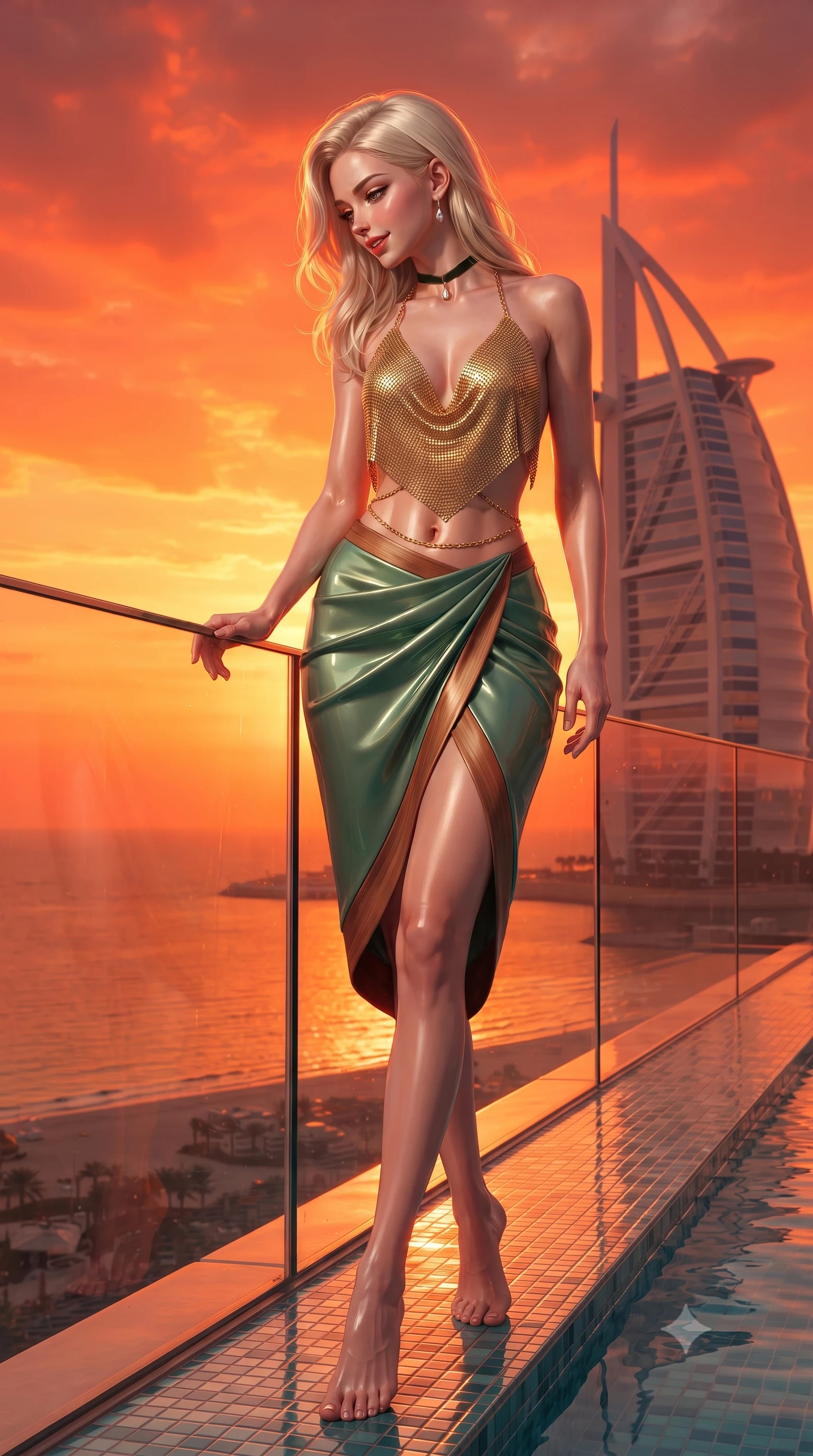 score_9, masterpiece, best quality, ultra-detailed, high-budget anime keyframe, editorial fashion photography, tasteful artistic composition, Caucasian woman. low angle full-body shot from head to toe showing her feet, filling the entire 9:16 vertical frame with her statuesque presence, stretching her vertical silhouette. executing a slow, graceful pivot turn as her skirt sways around her slender legs, glancing back with an enchanting, teasing sensual expression while leaning over the vanishing glass infinity edge with hips cocked back, looking down at the coastline with intoxicating smoldering bedroom-eyes. The surrounding environment is rendered in vivid detail and crisp panoramic clarity: detailed liquid gold chainmail halter top shine, gold belly chain glint, and iconic sail-shaped skyscraper architecture in razor-sharp precision. She has an exceptionally tall and slender model-like 8.5-heads proportion, an ultra-slim waist, a flat toned midriff, narrow delicate ribcage, and beautifully sculpted feminine hips creating a graceful, slim hourglass silhouette without any bulky heaviness, with impossibly long slender legs. sharp v-shaped jawline, high-bridge nose, intricate jewel-like sparkling eyes with depth, thick eyelashes, glossy parted lips with a natural peach sheen, bright cheerful beaming smile with an enchanting and coquettish sensual glint, exuding both youthful cute charm and seductive allure, flawlessly proportioned anatomical accuracy, strict slender model proportions, natural body alignment, perfectly sculpted long slender limbs, ultra-slim waistline, clean dynamic posture without body distortion. wearing a sculpted underwire demi-bustier in satin paired with an ultra-short draped wrap tulip skirt and gold hip chain in Hakone bamboo jade green and warm hinoki cedar, crafted from high-tensile reflective patent leather with sleek specular highlights, finished with a thin velvet ribbon choker and a single teardrop diamond pendant, the glove-like clinging cut tightly following the natural contour of her hips and long slender legs with youthful 8.5-heads elegance. bathed in the blinding, saturated scarlet and orange sunset radiance of the Arabian desert sky. ultra-reflective glossy finish, specular highlights, rich textural contrasts, high-contrast stereoscopic depth, volumetric dynamic lighting, 2k, ultra detail, master piece, 9:16 ratio
