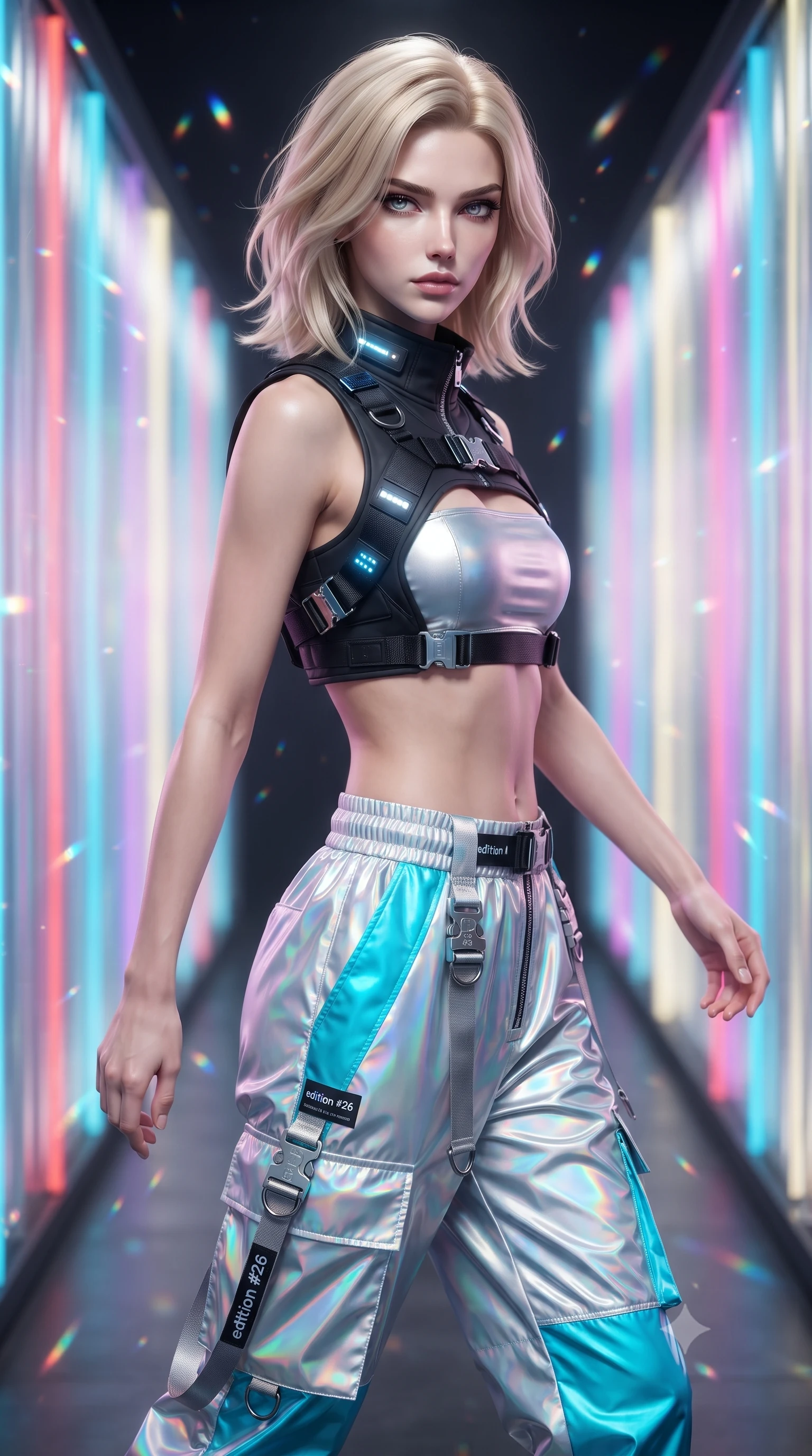 score_9, masterpiece, best quality, ultra-detailed, high-budget anime keyframe, editorial fashion photography, tasteful artistic composition, Caucasian woman. close-up cowboy shot from the waist and thighs up, the character dominates the composition, filling the frame with her large presence. turning over her shoulder with an indomitable, smoldering gaze, her soft hair framing her razor-sharp v-shaped jawline while walking through a tunnel of pulsing chromatic light curtains with effortless high-fashion runway poise. The composition keeps background elements in soft focus with creamy bokeh. refracted light beams and internal acrylic reflections scattering radiant chromatic light motes. She has an exceptionally elegant, slender, and willowy female figure with an ultra-slim waist, a gracefully sculpted slender torso, toned flat midriff, and a refined slim silhouette. sharp v-shaped jawline, high-bridge nose, intricate jewel-like eyes with depth, thick eyelashes, glossy lips with a natural sheen, captivating and magnetic expression, flawlessly proportioned anatomical accuracy, strict slender model proportions, natural body alignment, perfectly sculpted long slender limbs, ultra-slim waistline, clean dynamic posture without body distortion. wearing a futuristic cropped tech-harness vest worn over a silver reflective tube top and high-rise metallic parachute cargo pants in holographic silver and electric cyan, crafted from high-gloss metallic ripstop nylon and flexible carbon mesh, detailed with heavy-duty chrome quick-release buckles and D-ring straps edition #26, the breezy yet form-flattering drape swaying gracefully with her steps, accentuating her long willowy limbs and slim waistline. illuminated by clean geometric specular highlights tracing her sculpted torso and legs. ultra-reflective glossy finish, specular highlights, rich textural contrasts, high-contrast stereoscopic depth, volumetric dynamic lighting, 2k, ultra detail, master piece, 9:16 ratio