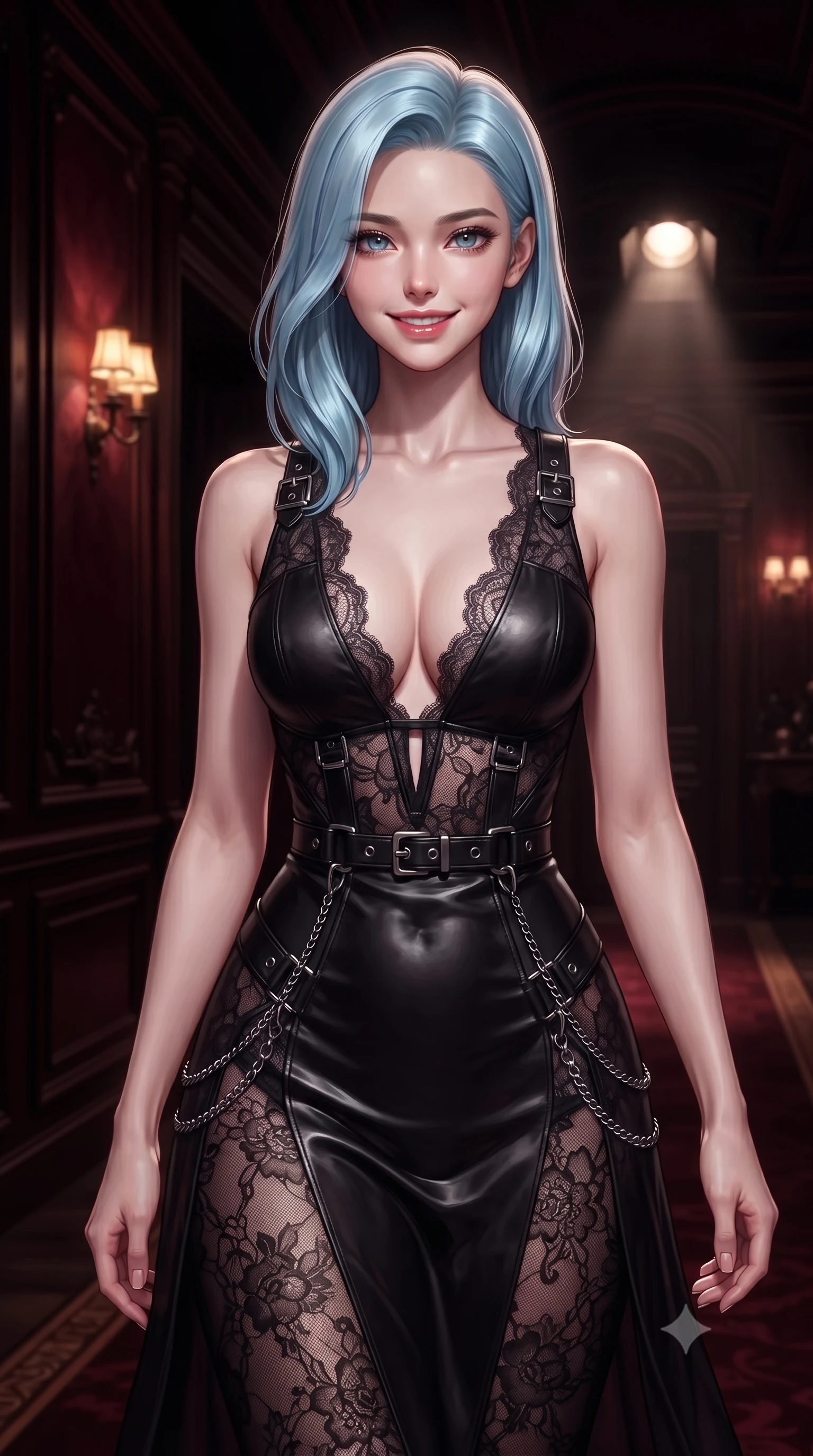 score_9, masterpiece, best quality, ultra-detailed, high-budget anime keyframe, editorial fashion photography, tasteful artistic composition, Korean woman. close-up cowboy shot from the waist and thighs up, the character dominates the composition, filling the frame with her large presence, background elements kept in soft focus. Smiling with quiet, magnetic self-assurance directly into the camera, walking down a dark mahogany opera corridor illuminated by dim amber sconces, dramatic theatrical stage spotlight casting intense key light from afar. She has an exceptionally elegant, slender, and willowy female figure with an ultra-slim waist, a gracefully sculpted slender torso, and a refined silhouette. sharp v-shaped jawline, high-bridge nose, intricate jewel-like eyes with depth, thick eyelashes, glossy lips with a natural sheen. wearing gothic nebula sheer dark lace gown with plunging neckline in smoky pitch black, made of polished black leather, framed by dark titanium buckles and silver chain details, sculpting her athletic slender build with refined precision. bathed in rich dark crimson velvet tones and high-contrast pitch-black shadows. highly saturated vibrant anime colors, detailed shading with soft gradients, rich glossy textures, high-contrast stereoscopic depth, volumetric dynamic lighting, master piece, 9:16 ratio