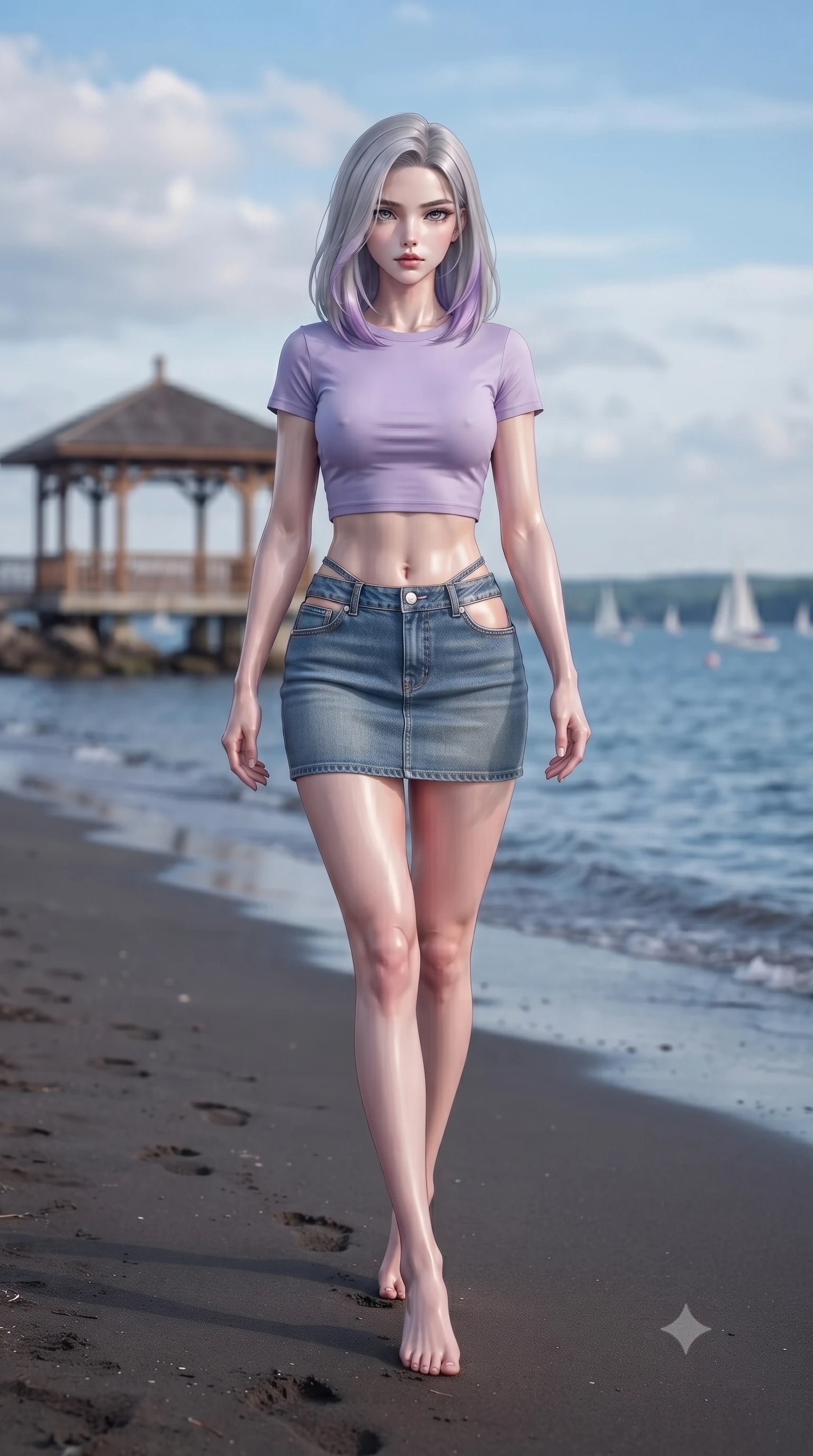 score_9, masterpiece, best quality, ultra-detailed, high-budget anime keyframe, editorial fashion photography, tasteful artistic composition, Caucasian woman woman. low angle full-body shot from head to toe showing her feet, filling the entire 9:16 vertical frame with her statuesque presence, stretching her vertical silhouette. walking slowly along the shoreline, leaving footprints in the wet sand the background shows a soft-focus a wooden pavilion overlooking a wide blue bay with small sailboats sailing in the distance. She has an absolutely perfect, statuesque 8.5-heads proportion, an exceptionally tall and slender model-like female figure with impossibly long slender legs and an ultra-slim waist. sharp v-shaped jawline, high-bridge nose, intricate jewel-like eyes with depth, thick eyelashes, glossy lips with a natural sheen. wearing a tailored modern crop top in lavender cotton paired with a low-rise denim skirt and a subtle waist cut-out. diffused afternoon light under a few light clouds. ultra-reflective glossy finish, specular highlights, metallic sheen, high-contrast stereoscopic depth, volumetric dynamic lighting, 2k, ultra detail, master piece, 9:16 ratio