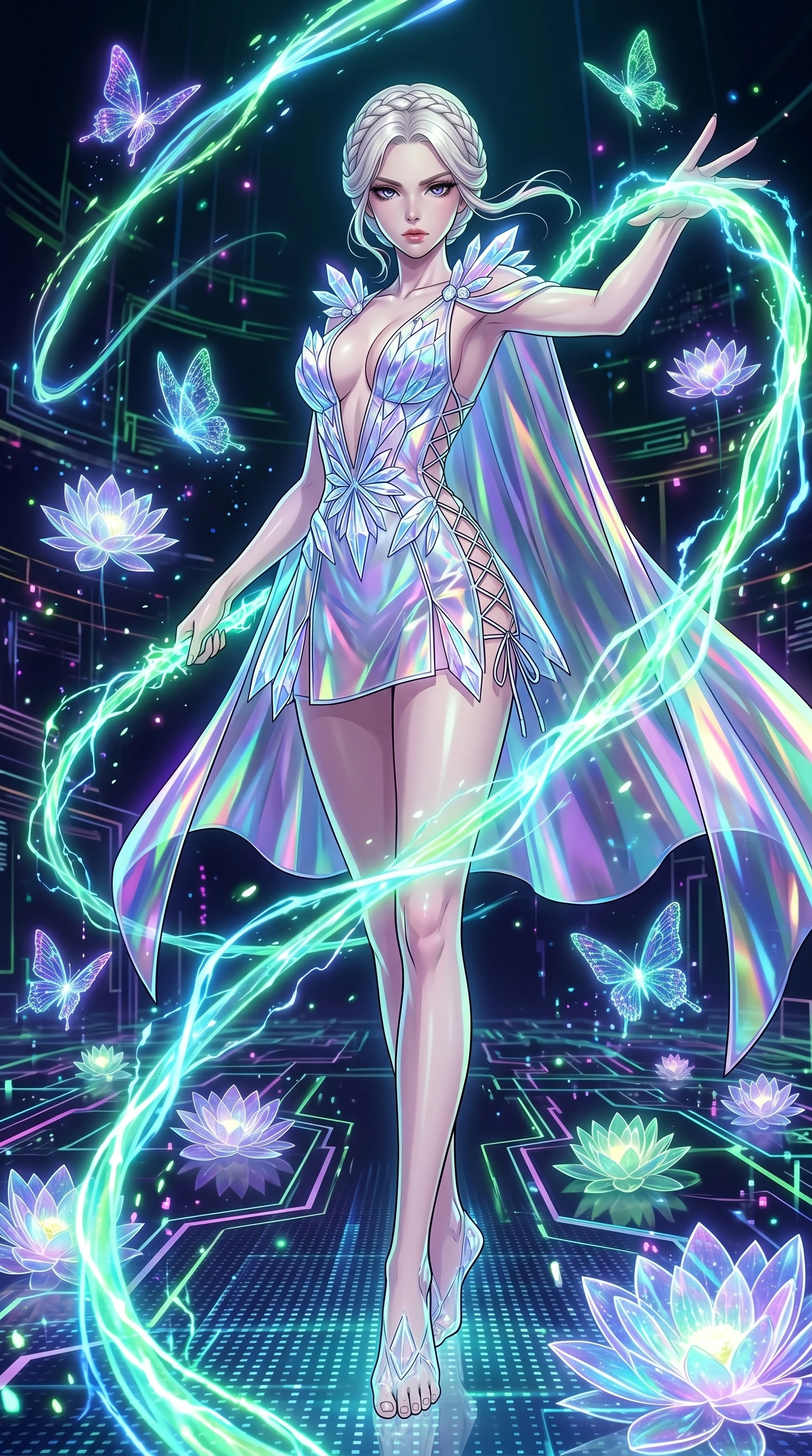 score_9, masterpiece, best quality, ultra-detailed, High-budget Anime Keyframe, vibrant colors, fluid line-art, expressive lighting, cinematic composition, Ufotable-style visual effects, top-tier animation quality, Japanese woman with delicate and elegant anime-inspired features. Low angle cowboy shot filling the entire 9:16 frame with her statuesque presence, looking up to emphasize her height. Wielding a glowing vine whip that crackles with bioluminescent energy, devoid of thorns. She has an absolutely perfect 8-heads proportion, an exceptionally tall and slender female figure with impossibly long slender legs and an ultra-slim waist, her statuesque height and towering silhouette dominating the vertical 9:16 frame. Her face is a masterpiece featuring a sharp v-shaped jawline, high-bridge nose, intricate jewel-like eyes with depth, thick eyelashes, and glossy lips with a natural sheen. She is wearing a Crystalline structure mini-dress with an iridescent vinyl cape, dangerous plunging neckline, and lace-up side panels.. The scene is set in a digital garden filled with holographic lotus flowers and neon butterflies. 2k, ultra detail, master piece, 9:16 ratio