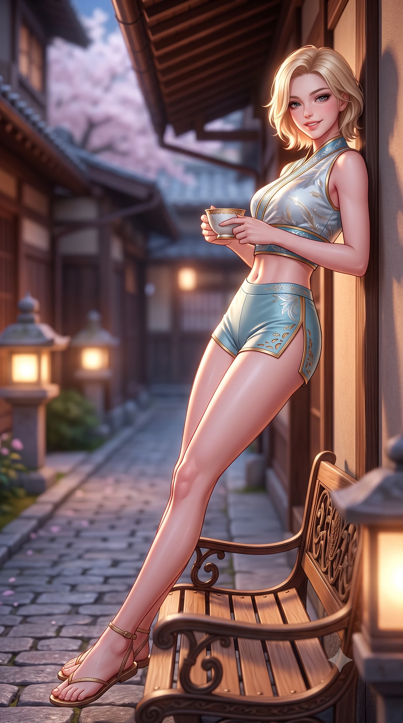 score_9, masterpiece, best quality, ultra-detailed, high-budget anime keyframe, semi-realistic 3D game render, editorial fashion photography, tasteful artistic composition, Caucasian woman. low angle full-body shot from head to toe showing her feet, filling the entire 9:16 vertical frame with her statuesque presence, stretching her vertical silhouette. leaning deep against the ancient temple wall with hips cocked back in an unapologetically alluring high-fashion stance, flashing a warm beaming smile while lounging on an outdoor bench holding an antique teacup with both hands, her long slender legs and hourglass curves commanding the spring terrace. The background shows a soft-focus quiet cobblestone alleys and traditional wooden eaves softened in nostalgic Tokyo spring shallow focus. She has an absolutely perfect, statuesque 8.5-heads proportion, an exceptionally tall and slender model-like female figure with impossibly long slender legs, an ultra-slim waist, a flat toned midriff, narrow delicate ribcage, and beautifully sculpted feminine hips creating a graceful, slim hourglass silhouette without any bulky heaviness. sharp v-shaped jawline, high-bridge nose, intricate jewel-like dark sparkling almond eyes with depth, thick lashes, glossy parted lips with a natural rose-plum sheen, bright alluring and coquettish smile with bedroom-eyes, exuding both timeless oriental elegance and sovereign high-fashion allure, flawlessly proportioned anatomical accuracy, strict slender model proportions, natural body alignment, perfectly sculpted long slender limbs, ultra-slim waistline, clean dynamic posture without body distortion. wearing a modern tailored martial-arts-inspired wrap crop top paired with skin-tight high-cut combat shorts and silk sashes in pure celadon porcelain blue and cloud white, woven from metallic gold and silver thread casting subtle starlight glints, finished with sharp laser-cut side hip slits framed by gold piping, the precision-cut side hip slits and low-back scoop framing her graceful spine and the sensual sweep of her slim, toned hips. illuminated by garden stone lantern fills and sharp rose-gold rim lights sculpting her razor-sharp jawline, narrow waist, and curvy hips. highly saturated vibrant anime colors, detailed shading with soft gradients, rich glossy textures, high-contrast stereoscopic depth, volumetric dynamic lighting, master piece, 9:16 ratio