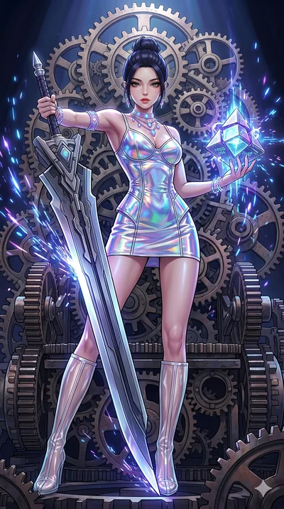 score_9, masterpiece, best quality, ultra-detailed, Set A: High-budget Anime Keyframe, Korean woman. Low angle cowboy shot filling the entire 9:16 frame with her statuesque presence. Drawing a blade through a throne of gears, holding a relic that pul