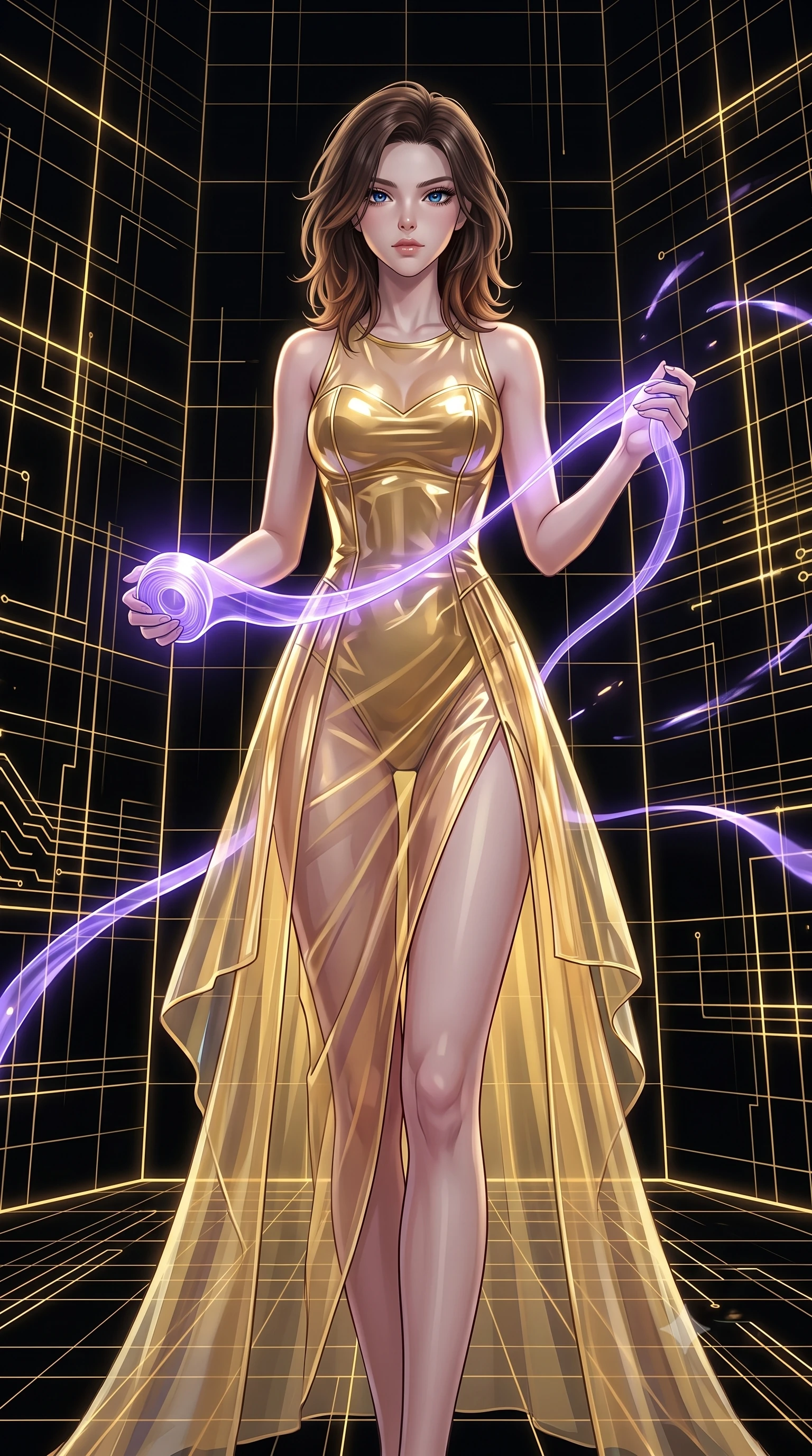score_9, masterpiece, best quality, ultra-detailed, High-budget Anime Keyframe, East Asian woman. Low angle cowboy shot filling the entire 9:16 frame with her statuesque presence. Scenario 386: unravelling a spool of glowing violet ribbon in a digital arena where gold gridlines project onto the black walls. Her presence is magnetic and overpowering in this high-budget anime scene. Outfit 386: a slim-fit translucent PVC gold with a thigh-high slit and translucent layers. The clothing is designed to emphasize her exceptionally tall and slender 8-heads proportion. 8-heads proportion, towering silhouette, ultra-slim waist. sharp v-shaped jawline, intricate jewel-like eyes with depth, thick eyelashes, glossy lips. 2k, ultra detail, master piece, 9:16 ratio