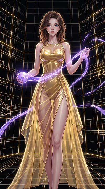 score_9, masterpiece, best quality, ultra-detailed, High-budget Anime Keyframe, East Asian woman. Low angle cowboy shot filling the entire 9:16 frame with her statuesque presence. Scenario 386: unravelling a spool of glowing violet ribbon in a digita