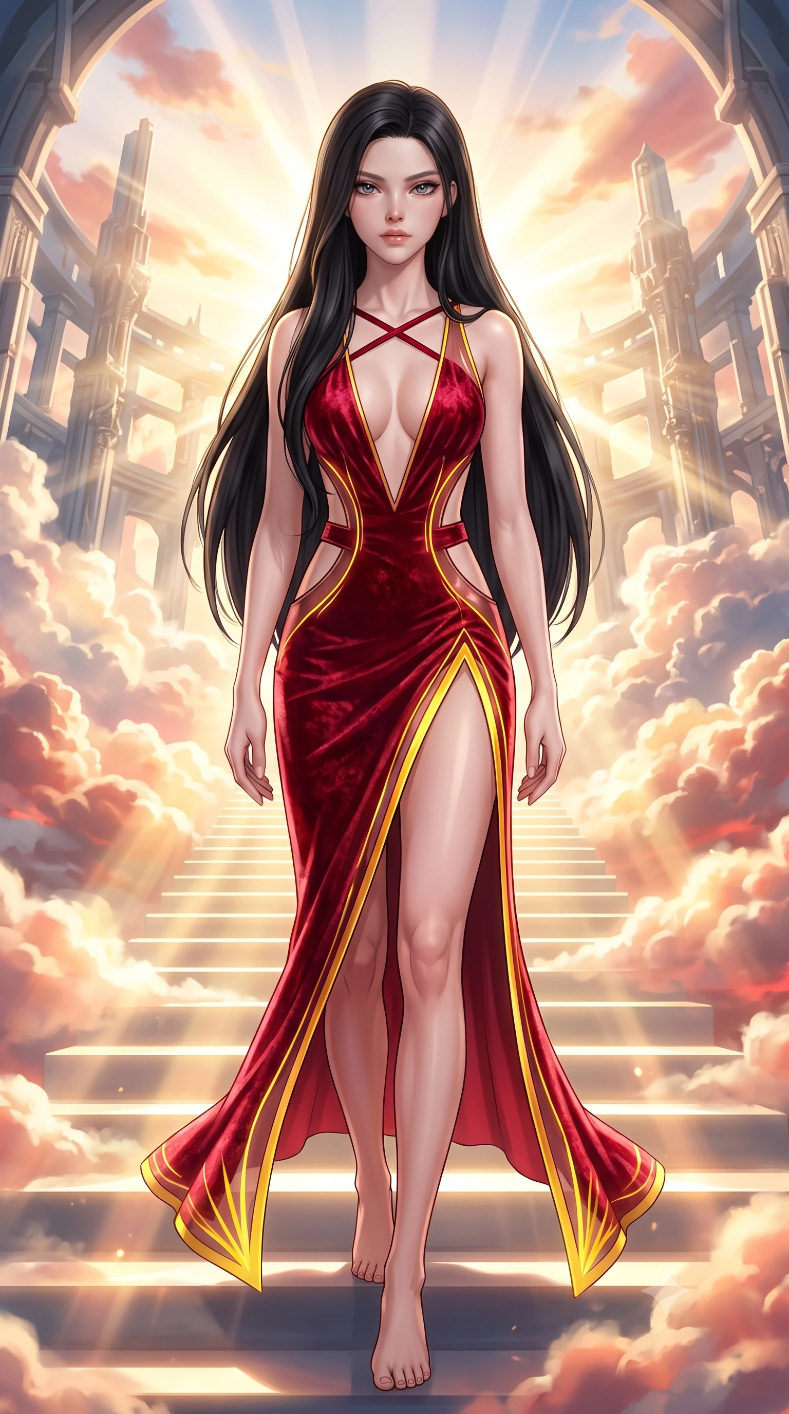 score_9, masterpiece, best quality, ultra-detailed, high-budget anime keyframe, semi-realistic 3D game render, editorial fashion photography, tasteful artistic composition, Korean woman. low angle full-body shot from head to toe showing her feet, filling the entire 9:16 vertical frame with her statuesque presence, stretching her vertical silhouette. striding forward in a proud, statuesque motion with a dangerous smolder, her vertical silhouette dominating the frame from head to toe while stepping along a luminous cloud-top staircase catching intense volumetric golden sunbeams as night turns to day. The surrounding environment is rendered in vivid detail and crisp panoramic clarity. vivid high-contrast morning solar illumination and celestial monument design in panoramic sharpness. She has an absolutely perfect, statuesque 8.5-heads proportion, an exceptionally tall and slender model-like female figure with impossibly long slender legs, a toned flat midriff, and an ultra-slim waist. sharp v-shaped jawline, high-bridge nose, intricate jewel-like eyes with depth, thick eyelashes, glossy lips with a natural sheen, flawlessly proportioned anatomical accuracy, strict slender model proportions, natural body alignment, perfectly sculpted long slender limbs, ultra-slim waistline, clean dynamic posture without body distortion. wearing a backless crimson crushed velvet gown with a deep plunging V-neckline, strategic hip cutouts, and an ultra-high thigh slit in vibrant sunburst canary yellow and gold trim, tailored from semi-translucent cybernetic vinyl with glowing micro-filaments, complemented by criss-cross back straps highlighting her completely bare spine, the precision-cut daring openings accentuating her delicate midriff, graceful bare collarbones, and ultra-slim feminine waistline. bathed in blazing golden dawn sunbursts and warm peach-crimson cloud reflections. highly saturated vibrant anime colors, detailed shading with soft gradients, rich glossy textures, high-contrast stereoscopic depth, volumetric dynamic lighting, master piece, 9:16 ratio