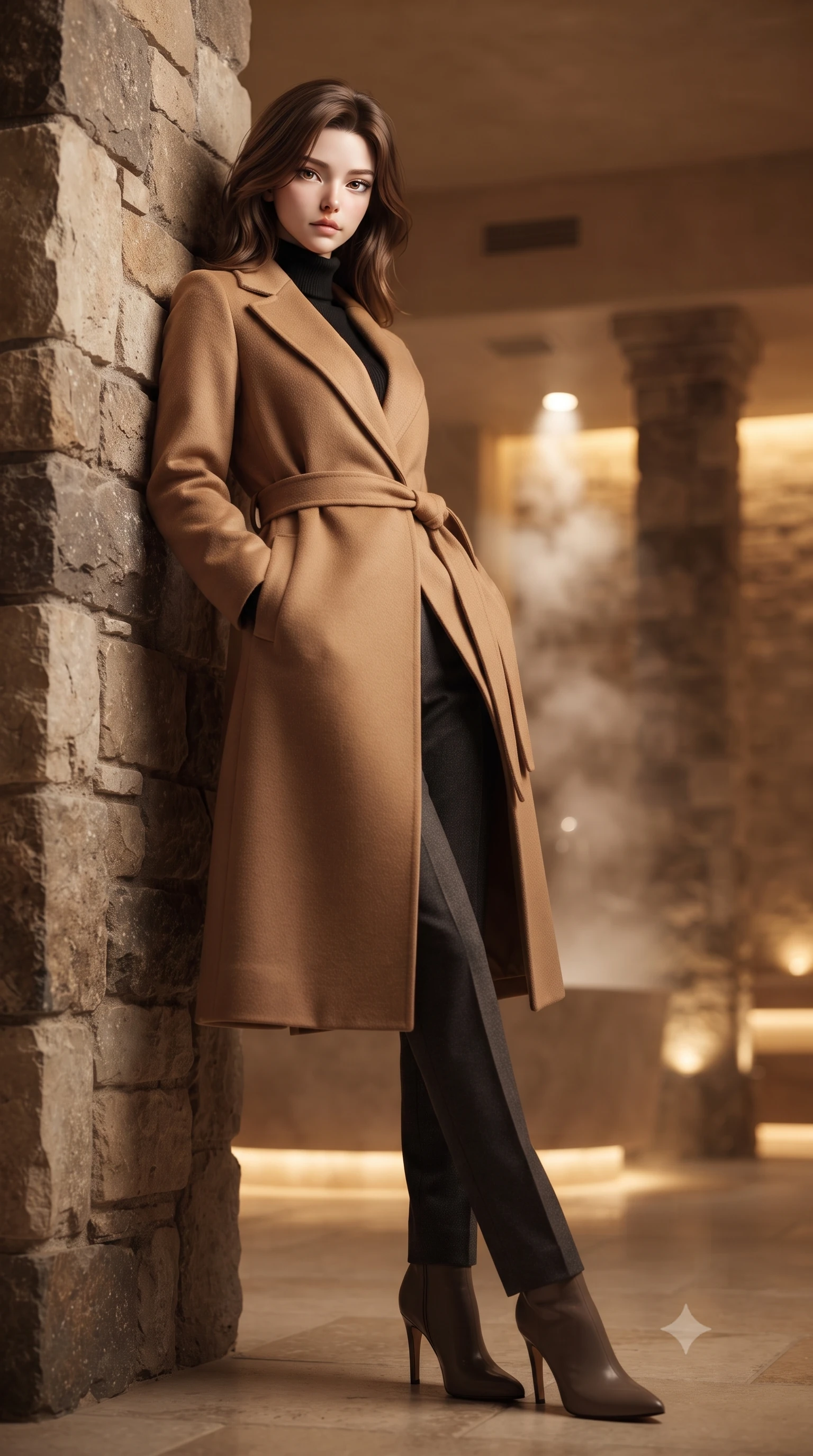 score_9, masterpiece, best quality, ultra-detailed, high-budget anime keyframe, editorial fashion photography, tasteful artistic composition, Korean woman. low angle full-body shot from head to toe showing her feet, filling the entire 9:16 vertical frame with her statuesque presence, stretching her vertical silhouette. leaning back against a rustic stone wall, casting a slow, alluring gaze at the camera the background shows a soft-focus a high-end wellness spa room in a desert resort with stone pillars and steam. She has an absolutely perfect, statuesque 8.5-heads proportion, an exceptionally tall and slender model-like female figure with impossibly long slender legs and an ultra-slim waist. sharp v-shaped jawline, high-bridge nose, intricate jewel-like eyes with depth, thick eyelashes, glossy lips with a natural sheen. wearing a tailored warm camel-colored wrap coat over a black turtleneck sweater and charcoal slacks. low-contrast, soft warm ambient uplight casting a peaceful glow. ultra-reflective glossy finish, specular highlights, metallic sheen, high-contrast stereoscopic depth, volumetric dynamic lighting, 2k, ultra detail, master piece, 9:16 ratio