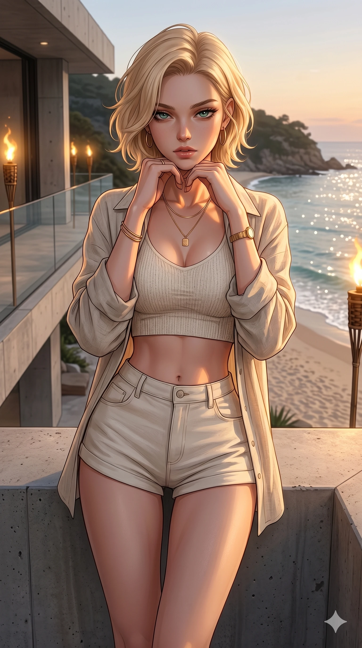 score_9, masterpiece, best quality, ultra-detailed, high-budget anime keyframe, editorial fashion photography, tasteful artistic composition, Caucasian woman, strictly human ears. cowboy shot from the thighs up, character and outfit filling the frame for maximum editorial presence. resting her chin on the backs of her fingers, casting a heavy-lidded gaze in the sunlight on a modern concrete balcony overlooking a sparkling beach cove (Code-P19-101). She has an absolutely perfect 8-heads proportion, an exceptionally tall and slender female figure with impossibly long slender legs and an ultra-slim waist. V-shaped jawline, high-bridge nose, intricate jewel-like eyes with depth, thick eyelashes, glossy lips with a natural sheen. wearing a crop top showing her bare midriff and micro-shorts in organic cotton. warm golden light from the beach torches, tracing the elegant curves of her neck. 2k, ultra detail, master piece, 9:16 ratio