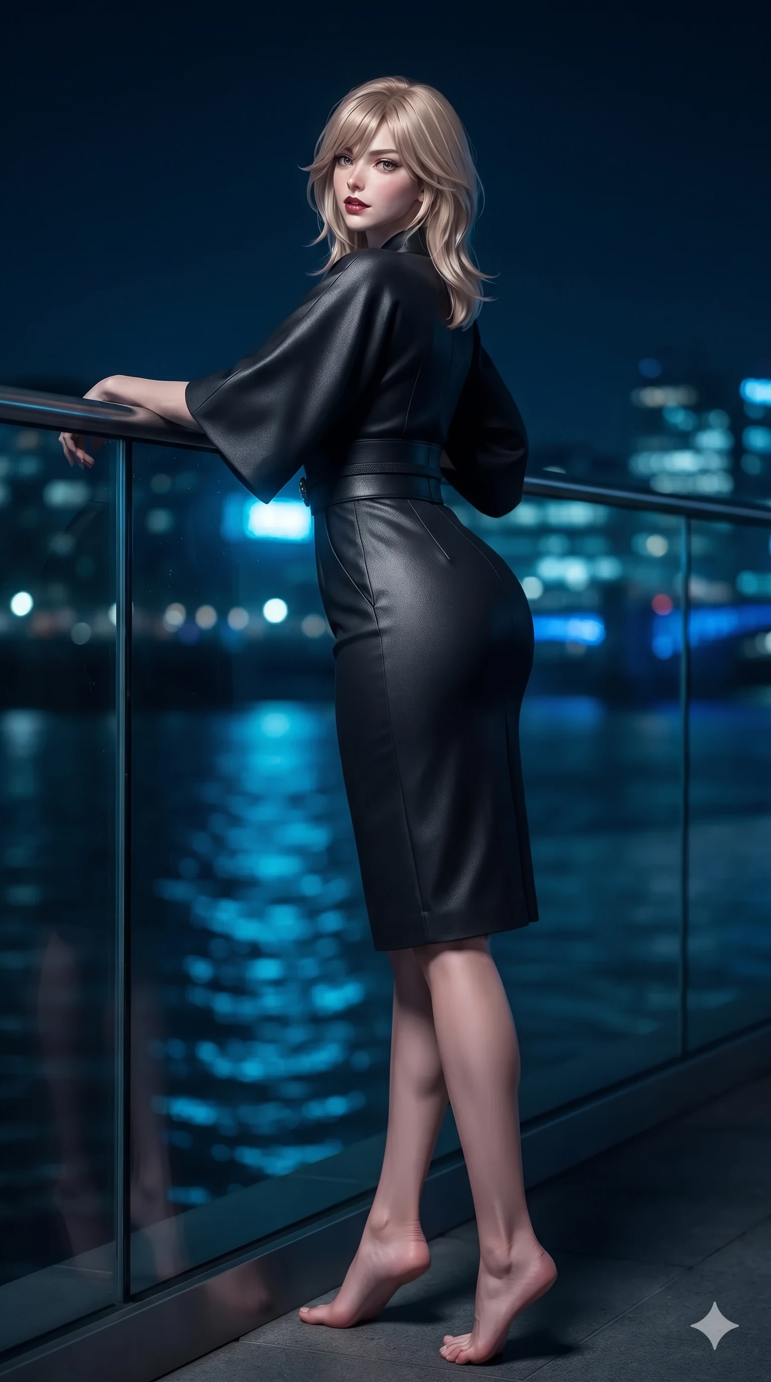 score_9, masterpiece, best quality, ultra-detailed, high-budget anime keyframe, editorial fashion photography, tasteful artistic composition, Japanese woman. low angle full-body shot from head to toe showing her feet, filling the entire 9:16 vertical frame with her statuesque presence, stretching her vertical silhouette. leaning back against the sleek glass parapet with hips cocked back, casting an intoxicating, sultry bedroom-gaze over a bare shoulder toward the lens while posing in an alluring rear three-quarter angle, turning over a bare shoulder with parted glossy lips, her hips cocked back to highlight her curves. The background shows a soft-focus modern London riverbank softened in urban nocturnal shallow focus. She has an exceptionally tall and slender model-like 8.5-heads proportion, an ultra-slim waist, a flat toned midriff, narrow delicate ribcage, and beautifully sculpted feminine hips creating a graceful, slim hourglass silhouette without any bulky heaviness, with impossibly long slender legs. sharp v-shaped jawline, high-bridge nose, intricate jewel-like dark sparkling eyes with dangerous depth, thick curled eyelashes, glossy parted lips with a rich wine sheen, smoldering seductive half-smile with bedroom-eyes, exuding effortless superiority and intoxicating dark allure, flawlessly proportioned anatomical accuracy, strict slender model proportions, natural body alignment, perfectly sculpted long slender limbs, ultra-slim waistline, clean dynamic posture without body distortion. wearing a tailored minimalist kimono-sleeve silk crepe midi dress with structured obi-inspired belt in pure obsidian monochrome with subtle metallic sheen, woven from bespoke high-density barathea wool with refined ceremonial hold, finished with an authentic engraved gold medallion and obsidian cabochons, the bespoke structured tailoring following the natural line of her 8.5-heads silhouette with refined elegance. bathed in brilliant electric cobalt and cyan LED illuminations reflecting off the dark river water. ultra-reflective glossy finish, specular highlights, rich textural contrasts, high-contrast stereoscopic depth, volumetric dynamic lighting, 2k, ultra detail, master piece, 9:16 ratio