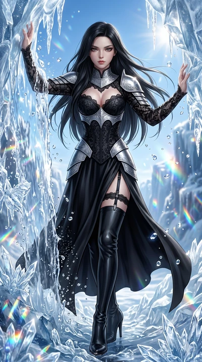 score_9, masterpiece, best quality, ultra-detailed, Set A: Photorealistic 8k CG, Japanese woman. Low angle cowboy shot filling the entire 9:16 frame with her statuesque presence. Breaking through a wall of water that turns into ice sculptures in a fr