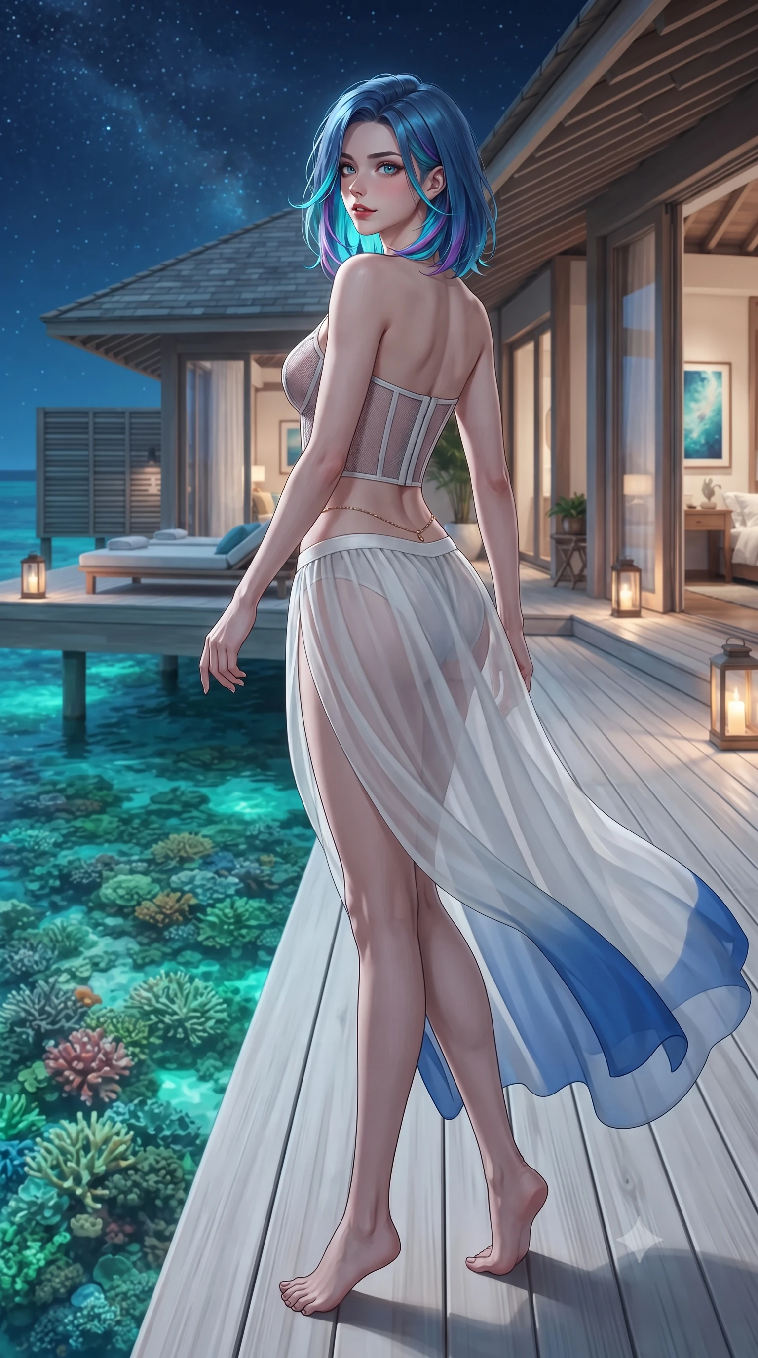 score_9, masterpiece, best quality, ultra-detailed, high-budget anime keyframe, editorial fashion photography, tasteful artistic composition, Caucasian woman. low angle full-body shot from head to toe showing her feet, filling the entire 9:16 vertical frame with her statuesque presence, stretching her vertical silhouette. walking along the terrace with poise, looking back over her bare shoulder with an irresistible smoldering bedroom-gaze while standing poised on the bleached teak deck cantilevered over vibrant Caribbean coral gardens, arching her lower back with siren charisma as warm tropical trade winds blow. The surrounding environment is rendered in vivid detail and crisp panoramic clarity: detailed outfit texture, bodycon fit, and luxury overwater villa architecture in high resolution. She has an exceptionally tall and slender model-like 8.5-heads proportion, an ultra-slim waist, a flat toned midriff, narrow delicate ribcage, and beautifully sculpted feminine hips creating a graceful, slim hourglass silhouette without any bulky heaviness, with impossibly long slender legs. sharp v-shaped jawline, high-bridge nose, intricate jewel-like sparkling eyes with depth, thick eyelashes, glossy parted lips with a natural peach sheen, bright cheerful beaming smile with an enchanting and coquettish sensual glint, exuding both youthful cute charm and seductive allure, flawlessly proportioned anatomical accuracy, strict slender model proportions, natural body alignment, perfectly sculpted long slender limbs, ultra-slim waistline, clean dynamic posture without body distortion. wearing a provocative translucent mesh corset bodice with boned satin channels paired with a sheer chiffon wrap maxi skirt in Normandy Étretat alabaster chalk white and Atlantic cobalt, made of sheer gossamer chiffon that drapes softly against skin with airy translucence, accented with a dainty gold belly chain resting across her flat midriff and curving hips, the second-skin tailored fabric adhering flawlessly to her sculpted flat midriff and slender torso, emphasizing her long leg lines and perfectly proportioned willowy build. bathed in underwater reef cyan-and-green LEDs shining upward contrasted with warm 2700K deck lanterns and clear tropical starlight. ultra-reflective glossy finish, specular highlights, rich textural contrasts, high-contrast stereoscopic depth, volumetric dynamic lighting, 2k, ultra detail, master piece, 9:16 ratio