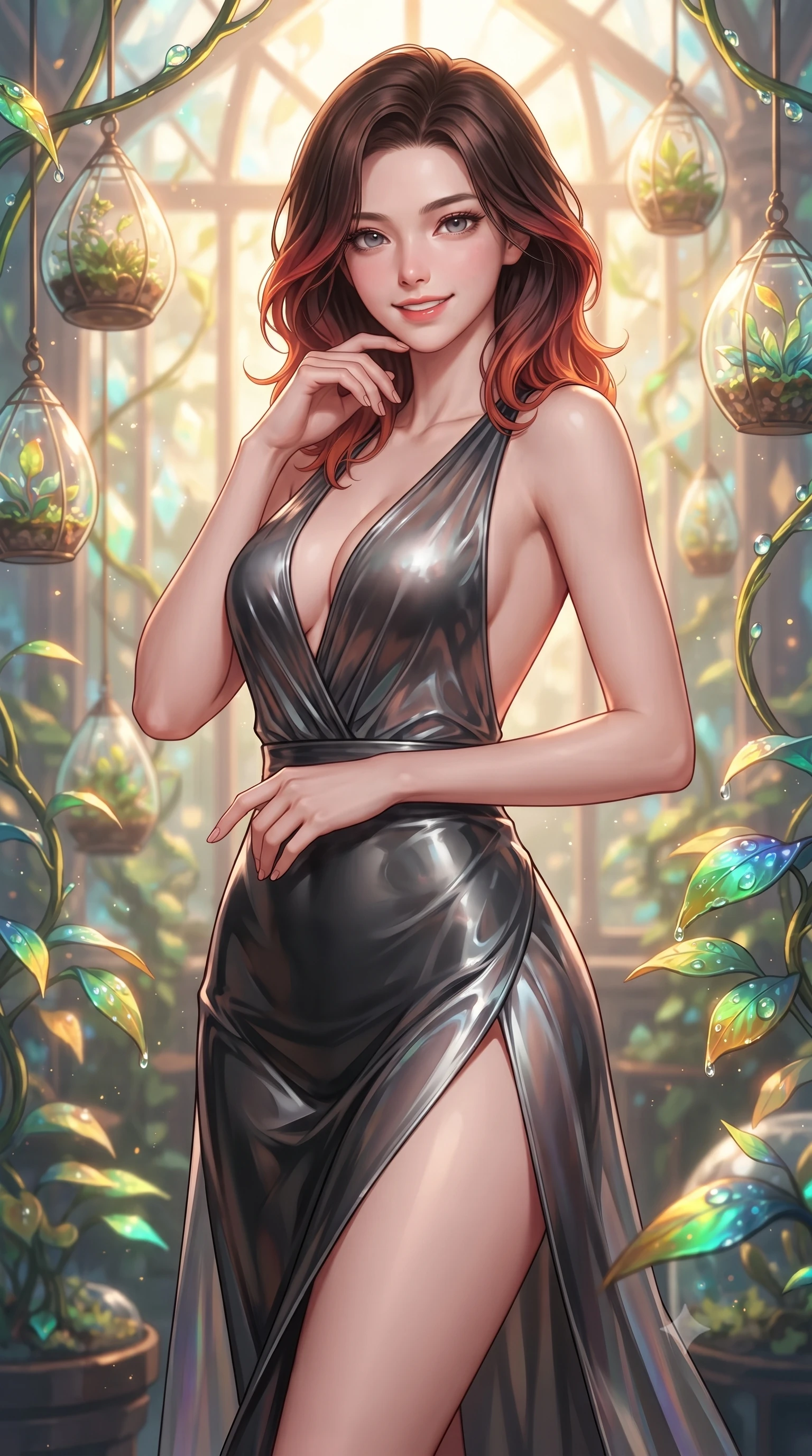 score_9, masterpiece, best quality, ultra-detailed, high-budget anime keyframe, editorial fashion photography, tasteful artistic composition, Korean woman. close-up cowboy shot from the waist and thighs up, the character dominates the composition, filling the frame with her large presence, background elements kept in soft focus. Smiling with quiet, magnetic self-assurance directly into the lens surrounded by floating glass terrariums and radiant biomorphic vines, dewdrops on bioluminescent leaves reflecting vibrant emerald and gold. She has an exceptionally elegant, slender, and willowy female figure with an ultra-slim waist, a gracefully sculpted slender torso, and a refined silhouette. sharp v-shaped jawline, high-bridge nose, intricate jewel-like eyes with depth, thick eyelashes, glossy lips with a natural sheen. wearing a translucent iridescent chiffon gown with a plunging neckline and open back in matte black and polished silver, tailored from high-gloss patent leather, finished with a sleek side slit ascending to mid-thigh, the elegant draped fit framing her graceful clavicle and slender torso. lit by warm golden-hour rays cascading through crystalline glass panes. ultra-reflective glossy finish, specular highlights, metallic sheen, high-contrast stereoscopic depth, volumetric dynamic lighting, 2k, ultra detail, master piece, 9:16 ratio