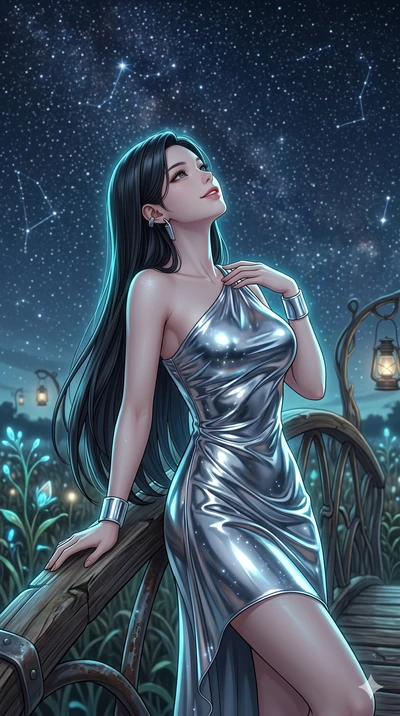 score_9, masterpiece, best quality, ultra-detailed, high-budget anime keyframe, Korean woman. Upper body close-up from the thighs up, character filling the screen for maximum presence. Standing on an organic farm bridge, looking at the stars, leaning