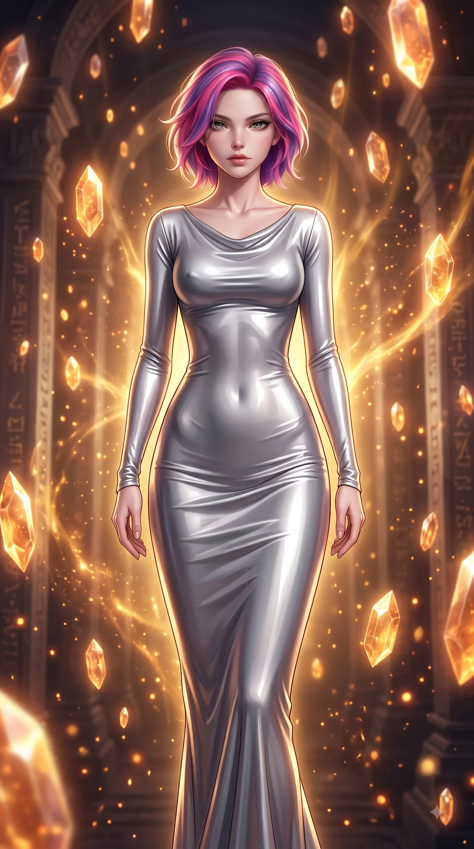 score_9, masterpiece, best quality, ultra-detailed, high-budget anime keyframe, editorial fashion photography, tasteful artistic composition, Caucasian woman woman. close-up cowboy shot from the waist and thighs up, the character dominates the composition, filling the frame with her large presence, background elements kept in soft focus. She has an exceptionally elegant, slender, and willowy female figure with an ultra-slim waist, a gracefully sculpted slender torso, and a refined silhouette. casting a slow, direct gaze beneath heavy lashes with magnetic intensity, flawlessly proportioned anatomical accuracy, natural body alignment, perfectly sculpted elegant limbs, clean dynamic posture without body distortion. set against a soft-focus background of a temporal corridor with floating amber time crystals. wearing a sleek bodycon liquid silver jersey dress hugging every curve with a subtle cowl neckline. bathed in golden temporal energy flares casting dramatic volumetric rim lighting. highly saturated vibrant anime colors, detailed shading with soft gradients, rich glossy textures, high-contrast stereoscopic depth, volumetric dynamic lighting, master piece, 9:16 ratio