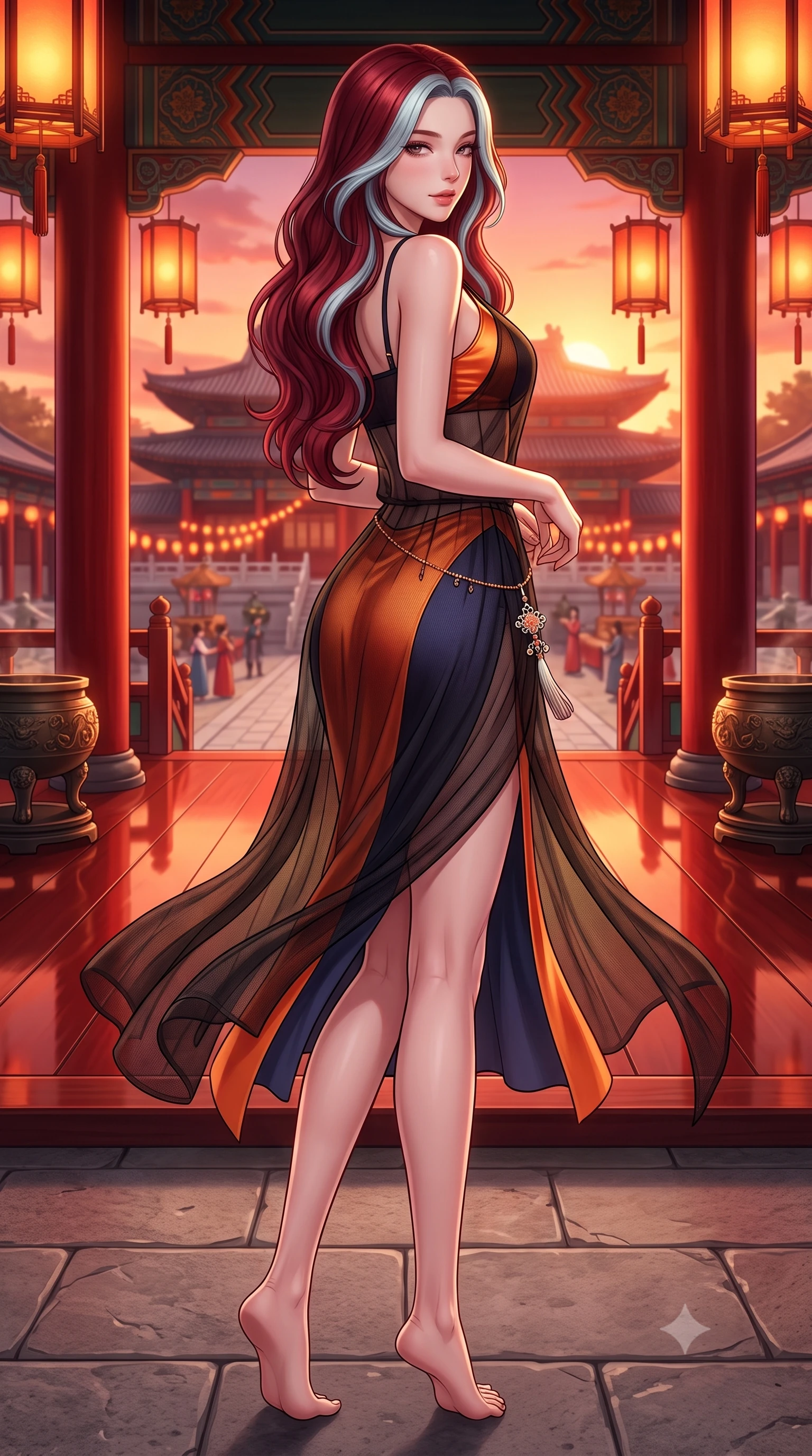 score_9, masterpiece, best quality, ultra-detailed, high-budget anime keyframe, semi-realistic 3D game render, editorial fashion photography, tasteful artistic composition, Caucasian woman. low angle full-body shot from head to toe showing her feet, filling the entire 9:16 vertical frame with her statuesque presence, stretching her vertical silhouette. executing a slow, graceful pivot turn as her skirt sways around her slender legs, glancing back with an enchanting, teasing sensual expression while lounging across a low royal daybed placed on the terrace, her flat midriff and long slender limbs commanding the festive courtyard. The surrounding environment is rendered in vivid detail and crisp panoramic clarity: sharp vermilion pillar lacquer reflections, stone flagstone seams, and bronze brazier relief in deep focus. She has an absolutely perfect, statuesque 8.5-heads proportion, an exceptionally tall and slender model-like female figure with impossibly long slender legs, an ultra-slim waist, a flat toned midriff, narrow delicate ribcage, and beautifully sculpted feminine hips creating a graceful, slim hourglass silhouette without any bulky heaviness. sharp v-shaped jawline, high-bridge nose, sparkling eyes with hypnotic seductive depth, thick curled eyelashes, glossy parted lips with a natural dewy peach sheen, alluring bedroom-eyes with an enchanting coquettish smile, exuding magnetic siren charisma and sophisticated glamour, flawlessly proportioned anatomical accuracy, strict slender model proportions, natural body alignment, perfectly sculpted long slender limbs, ultra-slim waistline, clean dynamic posture without body distortion. wearing a sheer black gauze norigae slip dress worn over a liquid satin undergarment, hugging her flat midriff and hourglass curves in sunset tangerine orange and deep navy indigo, tailored from fine ribbed modal knit with gentle elastic contouring and soft hand-feel, finished with a dainty gold belly chain resting across her flat midriff and curving hips, the liquid-tight tailored fabric clinging flawlessly to her narrow waist and rounded feminine hips, emphasizing every millimeter of her sculpted slim hourglass curves without any bulky heaviness. bathed in the warm crimson-and-amber glow of ceremonial palace lanterns. highly saturated vibrant anime colors, detailed shading with soft gradients, rich glossy textures, high-contrast stereoscopic depth, volumetric dynamic lighting, master piece, 9:16 ratio