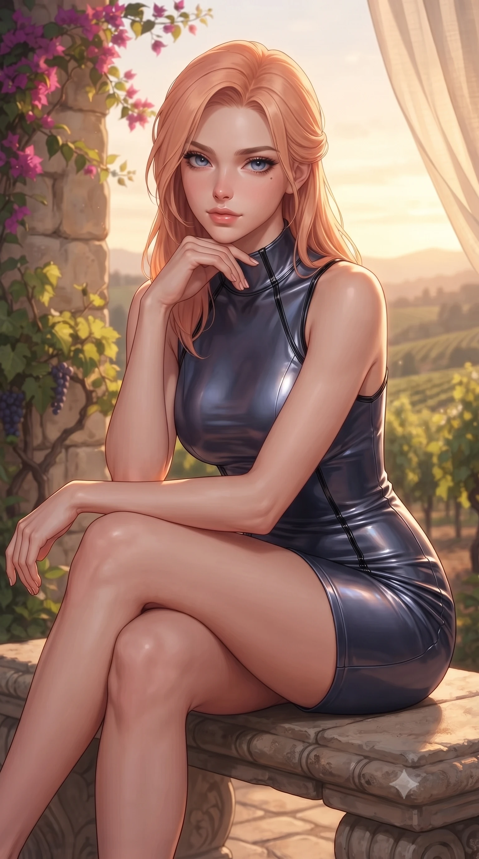 score_9, masterpiece, best quality, ultra-detailed, high-budget anime keyframe, editorial fashion photography, tasteful artistic composition, Japanese woman. close-up cowboy shot from the waist and thighs up, the character dominates the composition, filling the frame with her large presence, background elements kept in soft focus. Resting her chin on the backs of her fingers with an air of effortless superiority, lounging on a stone bench surrounded by climbing bougainvillea and grapevines, rolling vineyard hills fading into a warm hazy sunset horizon in soft focus. She has an exceptionally elegant, slender, and willowy female figure with an ultra-slim waist, a gracefully sculpted slender torso, and a refined silhouette. sharp v-shaped jawline, high-bridge nose, intricate jewel-like eyes with depth, thick eyelashes, glossy lips with a natural sheen. wearing aerodynamic second-skin dark silver metallic bodycon dress in midnight navy blue, made of iridescent dark violet taffeta, adorned with minimalist black onyx hardware framing the silhouette, sculpting her athletic slender build with refined precision. bathed in warm golden-hour sunbeams filtering through sheer linen. ultra-reflective glossy finish, specular highlights, metallic sheen, high-contrast stereoscopic depth, volumetric dynamic lighting, 2k, ultra detail, master piece, 9:16 ratio
