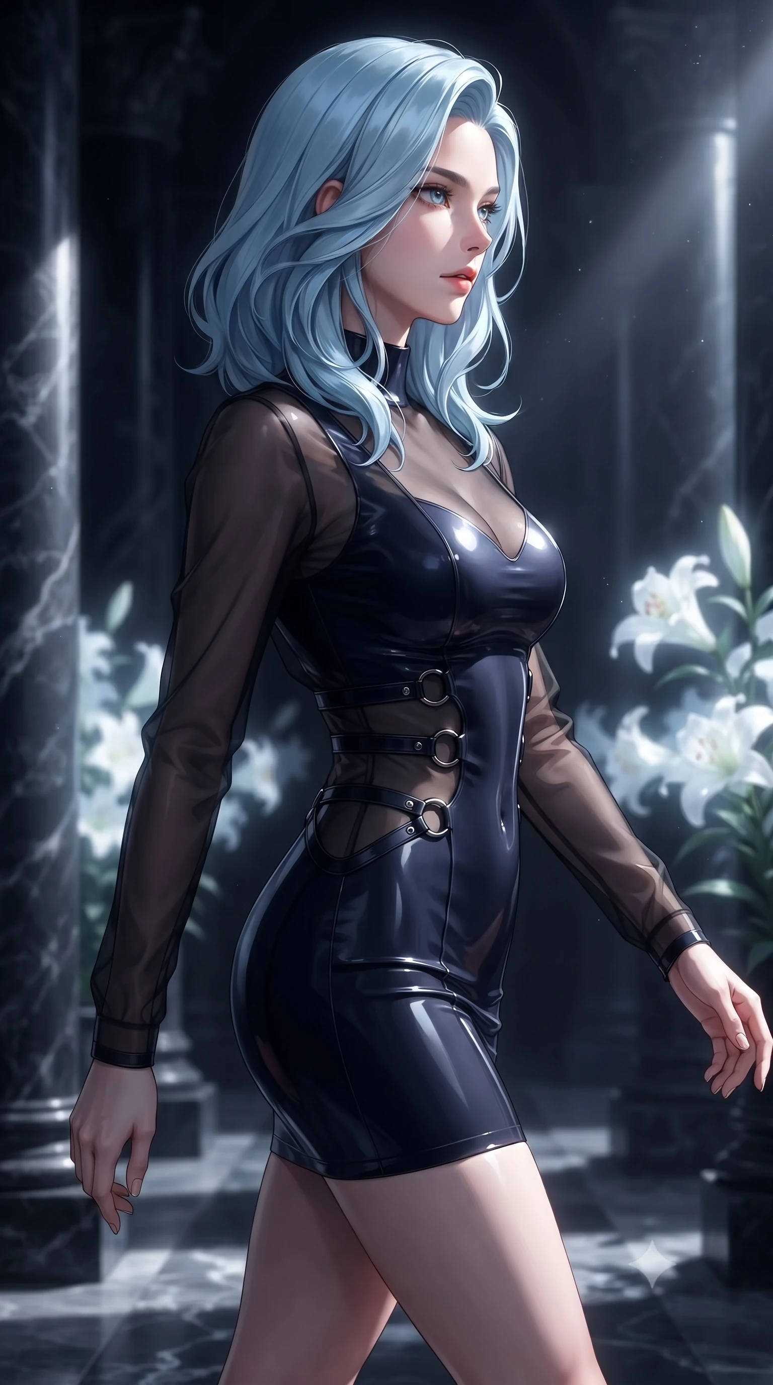 score_9, masterpiece, best quality, ultra-detailed, high-budget anime keyframe, editorial fashion photography, tasteful artistic composition, Korean woman. close-up cowboy shot from the waist and thighs up, the character dominates the composition, filling the frame with her large presence, background elements kept in soft focus. Turning her face in sharp dramatic profile against the moody key light, walking along a dark marble colonnade flooded with cold silver moonbeams, night-blooming white lilies emitting a subtle ghostly white glow. She has an exceptionally elegant, slender, and willowy female figure with an ultra-slim waist, a gracefully sculpted slender torso, and a refined silhouette. sharp v-shaped jawline, high-bridge nose, intricate jewel-like eyes with depth, thick eyelashes, glossy lips with a natural sheen. wearing glove-like fit dark navy latex bodycon mini dress in obsidian black, made of sheer dark organza overlay, trimmed with dark chrome ring hardware along the waist contours, following her slender form with tailored precision. illuminated by brilliant cold silver moonlight and deep obsidian shadows. highly saturated vibrant anime colors, detailed shading with soft gradients, rich glossy textures, high-contrast stereoscopic depth, volumetric dynamic lighting, master piece, 9:16 ratio