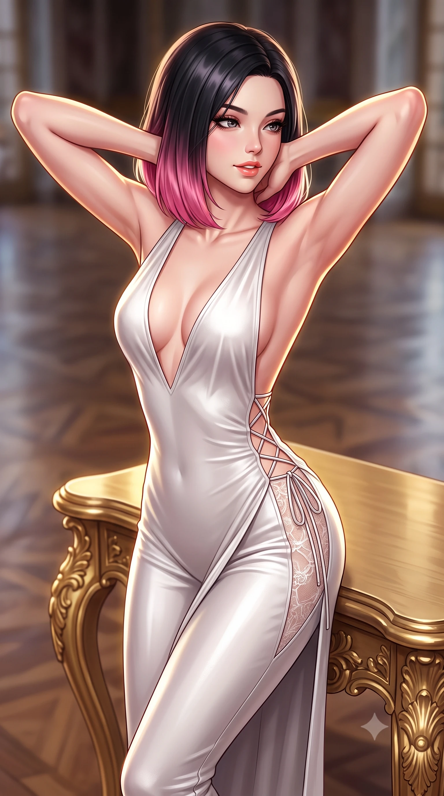 score_9, masterpiece, best quality, ultra-detailed, high-budget anime keyframe, semi-realistic 3D game render, editorial fashion photography, tasteful artistic composition, Korean woman. close-up cowboy shot from the waist and thighs up, the character dominates the composition, filling the frame with her large presence. resting both hands lightly behind her neck with elbows raised, arching her spine to highlight her narrow waist, flat midriff, and breathtaking collarbones while leaning against a gilded baroque console table with hips cocked back, looking over a bare shoulder with an alluring, parted-lip smile. The background shows a soft-focus polished ballroom floor reflections softened in opulent gothic shallow focus. She has an exceptionally elegant, slender, and willowy female figure with an ultra-slim waist, flat toned midriff, narrow ribcage, and sculpted feminine hips creating an alluring, slim hourglass silhouette without bulk. sharp v-shaped jawline, high-bridge nose, sparkling eyes with hypnotic seductive depth, thick curled eyelashes, glossy parted lips with a natural dewy peach sheen, alluring bedroom-eyes with an enchanting coquettish smile, exuding magnetic siren charisma and sophisticated glamour, flawlessly proportioned anatomical accuracy, strict slender model proportions, natural body alignment, perfectly sculpted long slender limbs, ultra-slim waistline, clean dynamic posture without body distortion. wearing a backless plunge-front second-skin velvet jumpsuit with fluid tapered legs and sheer lace hip inserts in pure pearl alabaster with liquid platinum sheen, crafted from smooth liquid-tight stretch jersey emphasizing every curve of her body, finished with fine criss-cross lace-up side ties revealing tantalizing glimpses of her hip curve, the high-slit wrap tailoring accentuating her ultra-slim waistline and the enchanting curve of her feminine hips with alluring seductive charm. illuminated by parquet floor reflection fill and sharp golden rim lights defining her razor-sharp jawline, narrow waist, and curvy hips. highly saturated vibrant anime colors, detailed shading with soft gradients, rich glossy textures, high-contrast stereoscopic depth, volumetric dynamic lighting, master piece, 9:16 ratio