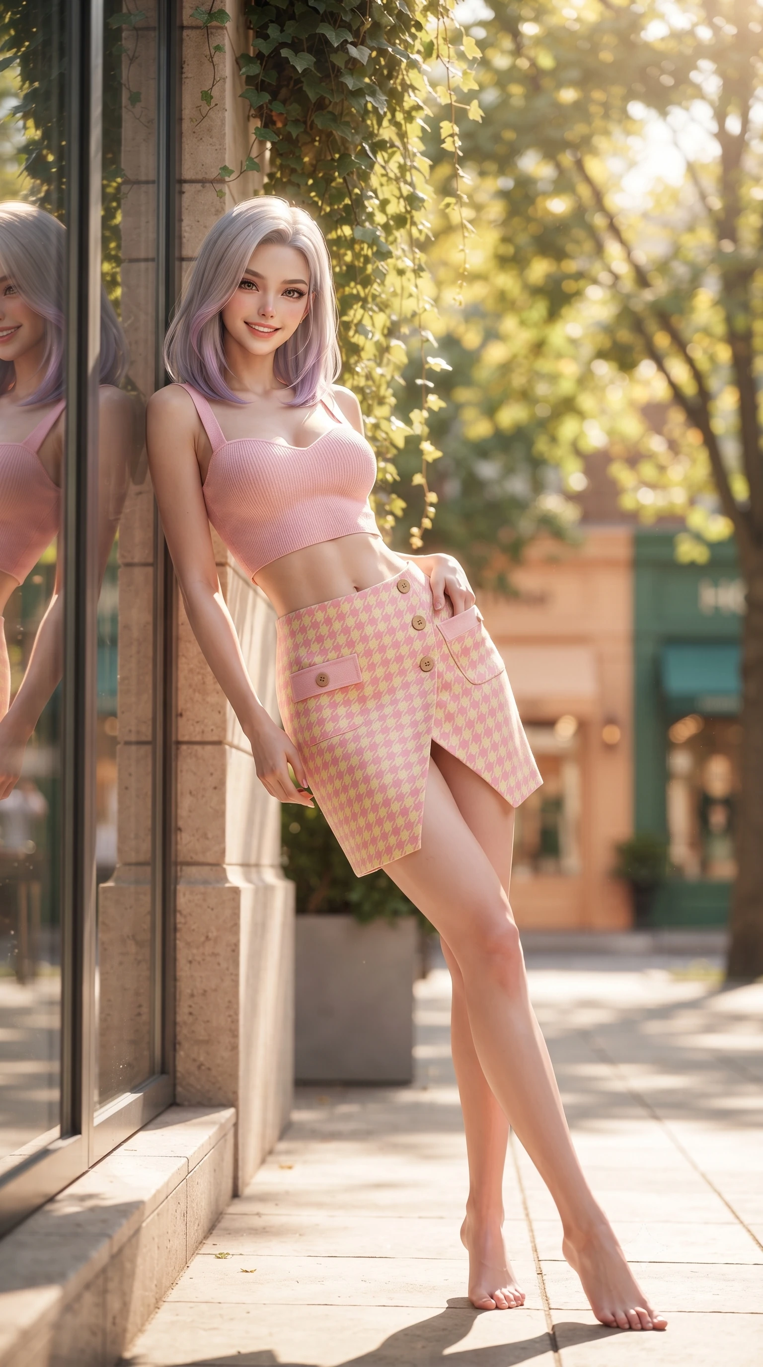 score_9, masterpiece, best quality, ultra-detailed, high-budget anime keyframe, editorial fashion photography, tasteful artistic composition, Caucasian woman. low angle full-body shot from head to toe showing her feet, filling the entire 9:16 vertical frame with her statuesque presence, stretching her vertical silhouette. leaning deep against the sunlit architecture with hips cocked back in a cute yet unapologetically alluring high-fashion stance, flashing a warm beaming smile while standing poised beside the sun-drenched floor-to-ceiling glass window, twisting her slender torso in an alluring S-curve as warm morning sunlight filters through hanging ivy. The composition keeps background elements in soft focus with dreamy creamy bokeh. dappled golden morning sunbeams filtering through leafy street trees and trendy boutique facades blurred into warm peach, honey, and emerald bokeh. She has an exceptionally tall and slender model-like 8.5-heads proportion, an ultra-slim waist, a flat toned midriff, narrow delicate ribcage, and beautifully sculpted feminine hips creating a graceful, slim hourglass silhouette without any bulky heaviness, with impossibly long slender legs. sharp v-shaped jawline, high-bridge nose, intricate jewel-like sparkling eyes with depth, thick eyelashes, glossy parted lips with a natural peach sheen, bright cheerful beaming smile with an enchanting and coquettish sensual glint, exuding both youthful cute charm and seductive allure, flawlessly proportioned anatomical accuracy, strict slender model proportions, natural body alignment, perfectly sculpted long slender limbs, ultra-slim waistline, clean dynamic posture without body distortion. wearing a sweetheart-neckline baby-pink crop top with a high-slit wrap mini skirt accentuating her waist-to-hip curve in sweet strawberry milk pink and butter yellow, formed from supple second-skin stretch ribbed knit clinging to her form, finished with neat front wooden buttons and delicate pocket details, the liquid-tight tailored fabric clinging flawlessly to her narrow waist and rounded feminine hips, emphasizing every millimeter of her sculpted slim hourglass curves without any bulky heaviness. illuminated by sun-dappled foliage highlights sharply carving her razor-sharp jawline, narrow waist, and curvy hips. ultra-reflective glossy finish, specular highlights, rich textural contrasts, high-contrast stereoscopic depth, volumetric dynamic lighting, 2k, ultra detail, master piece, 9:16 ratio