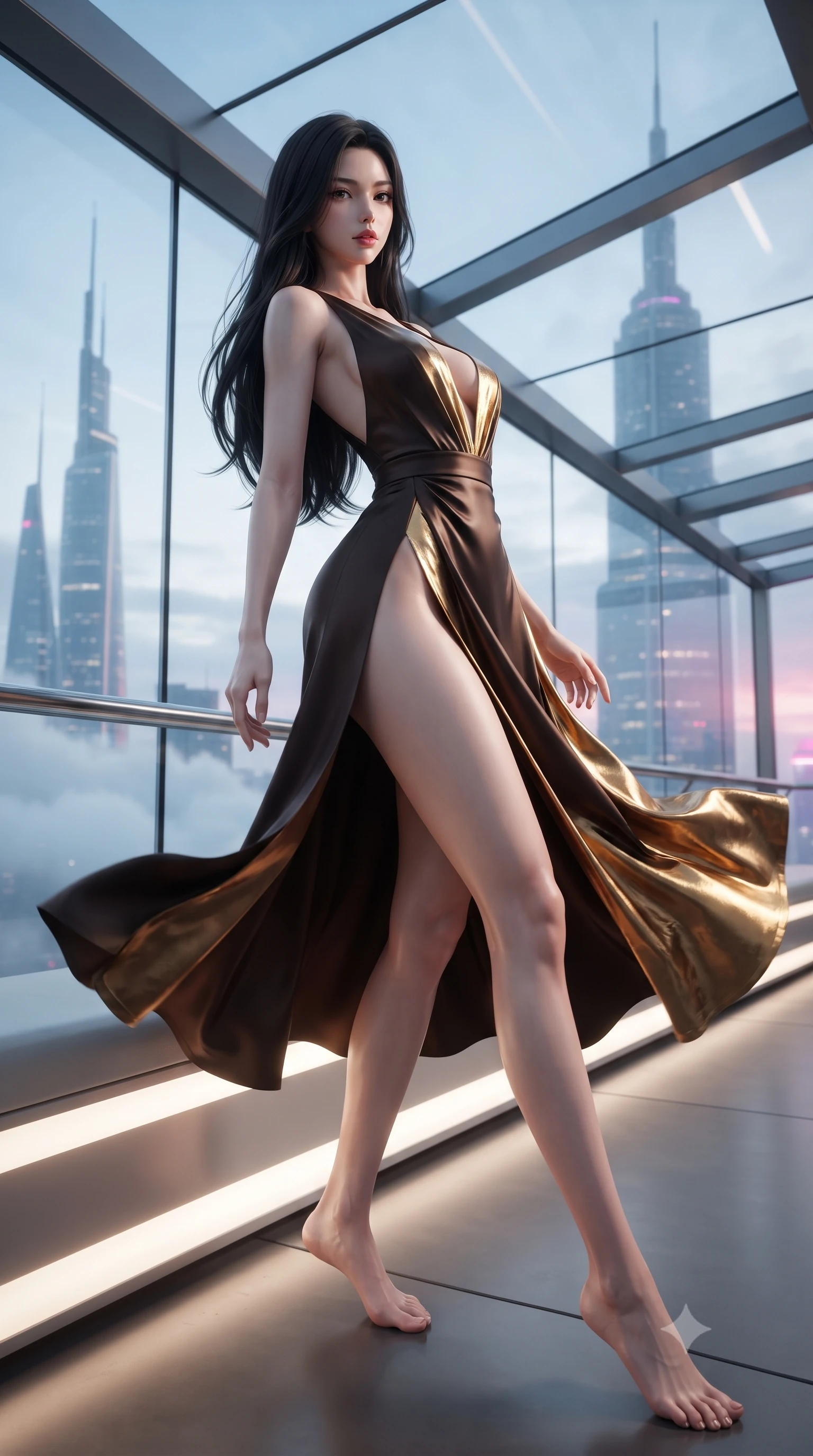 score_9, masterpiece, best quality, ultra-detailed, high-budget anime keyframe, editorial fashion photography, tasteful artistic composition, Korean woman. low angle full-body shot from head to toe showing her feet, filling the entire 9:16 vertical frame with her statuesque presence, stretching her vertical silhouette. executing an elegant mid-motion pivot turn as garments swirl around her slender limbs, glancing over her shoulder with an intoxicating bedroom-gaze while reclining gracefully along an illuminated smart-composite bench within the glass skybridge, arching her slender spine to display her curvaceous hips against the panoramic neon haze. The composition keeps background elements in soft focus with creamy bokeh. futuristic supertall skyscraper spires and passing cloud layers softened in sleek cyberpunk shallow focus. She has an exceptionally tall and slender model-like 8.5-heads proportion, an ultra-slim waist, a flat toned midriff, narrow delicate ribcage, and beautifully sculpted feminine hips creating a graceful, slim hourglass silhouette without any bulky heaviness, with impossibly long slender legs. sharp v-shaped jawline, high-bridge nose, intricate jewel-like eyes with depth, thick eyelashes, glossy parted lips with a natural sheen, intensely captivating and seductive bedroom-eyes expression, flawlessly proportioned anatomical accuracy, strict slender model proportions, natural body alignment, perfectly sculpted long slender limbs, ultra-slim waistline, clean dynamic posture without body distortion. wearing a plunging-V neckline duchess satin gown with high side slits ascending to the high hip in dark espresso brown and molten gold foil, tailored from water-resistant treated wool gabardine and flexible stretch silk, finished with an ultra-high side slit secured by miniature jeweled clasps, the form-contouring material adhering flawlessly to her sculpted flat midriff and slender torso, emphasizing her long leg lines and perfectly proportioned willowy build. illuminated by wet specular glass bounce lights sculpting her razor-sharp jawline, narrow waist, and curvy hips. ultra-reflective glossy finish, specular highlights, rich textural contrasts, high-contrast stereoscopic depth, volumetric dynamic lighting, 2k, ultra detail, master piece, 9:16 ratio