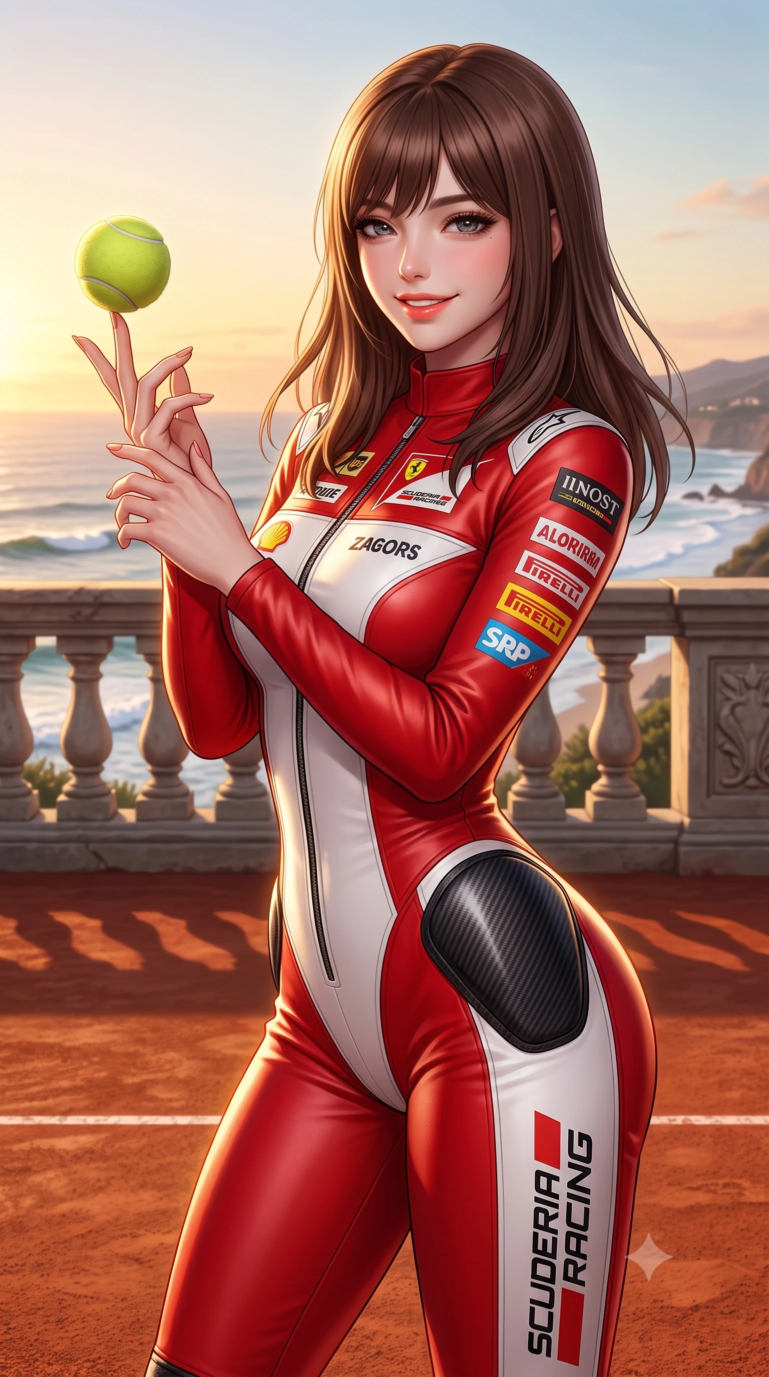 score_9, masterpiece, best quality, ultra-detailed, high-budget anime keyframe, semi-realistic 3D game render, editorial fashion photography, tasteful artistic composition, Korean woman. close-up cowboy shot from the waist and thighs up, the character dominates the composition, filling the frame with her large presence. playfully spinning a tennis ball on her fingertips, her radiant smile capturing fresh girlhood charm while her arched torso reveals an intoxicating hip contour while twisting her slender torso in an alluring contrapposto stance, salty ocean spray and sunset breezes molding her pleated skirt to her hips. The surrounding environment is rendered in vivid detail and crisp panoramic clarity: sharp red clay surface texture, stone balustrade relief, and ocean wave crest clarity in deep focus. She has an exceptionally elegant, slender, and willowy female figure with an ultra-slim waist, flat toned midriff, narrow ribcage, and sculpted feminine hips creating an alluring, slim hourglass silhouette without bulk. sharp v-shaped jawline, high-bridge nose, sparkling eyes with athletic focus and depth, thick curled eyelashes, glossy parted lips with a natural coral-peach sheen, bright confident and coquettish smile with alluring bedroom-eyes, exuding both youthful sporty vigor and sovereign high-society glamour, flawlessly proportioned anatomical accuracy, strict slender model proportions, natural body alignment, perfectly sculpted long slender limbs, ultra-slim waistline, clean dynamic posture without body distortion. wearing a second-skin compression stretch racing catsuit with racing team sponsor graphics and sculpted carbon hip guards in Scuderia racing red and pure alabaster white, crafted from supple buttery lambskin racing leather with a satin sheen, accented with sleek aerodynamic carbon-fiber hip pads framing her narrow waist, the form-fitting tailored bodice adhering flawlessly to her sculpted flat midriff and slender torso, emphasizing her long leg lines and perfectly proportioned willowy build. illuminated by ocean surf bounce fill and sharp warm-gold rim lights defining her razor-sharp jawline, narrow waist, and curvy hips. highly saturated vibrant anime colors, detailed shading with soft gradients, rich glossy textures, high-contrast stereoscopic depth, volumetric dynamic lighting, master piece, 9:16 ratio