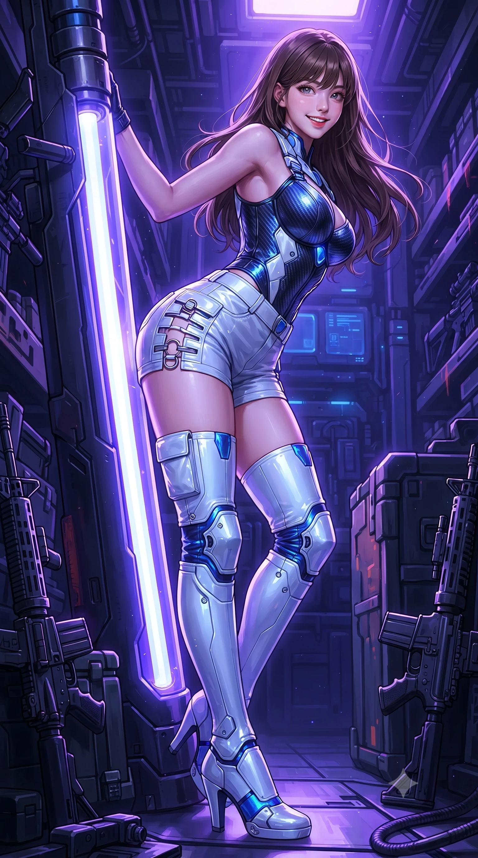 score_9, masterpiece, best quality, ultra-detailed, high-budget anime keyframe, editorial fashion photography, tasteful artistic composition, Korean woman. low angle full-body shot from head to toe showing her feet, filling the entire 9:16 vertical frame with her statuesque presence, stretching her vertical silhouette. leaning deep against the glowing energy conduit with hips cocked back in an unapologetically alluring high-fashion stance, flashing a warm beaming smile while leaning against a heavy ordnance storage vault with hips cocked back, looking over her shoulder with an intoxicating, fearless half-smile. The surrounding environment is rendered in vivid detail and crisp panoramic clarity: detailed tactical harness weave, weapon metallic sheen, and high-tech military armory architecture in high clarity. She has an absolutely perfect, statuesque 8.5-heads proportion, an exceptionally tall and slender model-like female figure with impossibly long slender legs, an ultra-slim waist, a flat toned midriff, narrow delicate ribcage, and beautifully sculpted feminine hips creating a graceful, slim hourglass silhouette without any bulky heaviness. sharp v-shaped jawline, high-bridge nose, intricate jewel-like sparkling eyes with depth, thick eyelashes, glossy parted lips with a natural sheen, bright confident smile with an enchanting and coquettish sensual glint, exuding both youthful magnetic charm and sovereign high-tech allure, flawlessly proportioned anatomical accuracy, strict slender model proportions, natural body alignment, perfectly sculpted long slender limbs, ultra-slim waistline, clean dynamic posture without body distortion. wearing a sculpted carbon-fiber bustier armor top paired with ultra-tight tactical cargo shorts and thigh-high armored boots in arctic snowflake white and electric plasma blue, tailored from ultra-reflective glossy liquid vinyl with mirror-like specular highlights, finished with sharp laser-cut side ventilation slits framed by silver hardware rings, the high-waisted tailoring accentuating her ultra-slim waistline and the enchanting curve of her feminine hips with alluring dark charm. bathed in intense violet and electric blue plasma charging glow contrasting with industrial shadows. ultra-reflective glossy finish, specular highlights, rich textural contrasts, high-contrast stereoscopic depth, volumetric dynamic lighting, 2k, ultra detail, master piece, 9:16 ratio