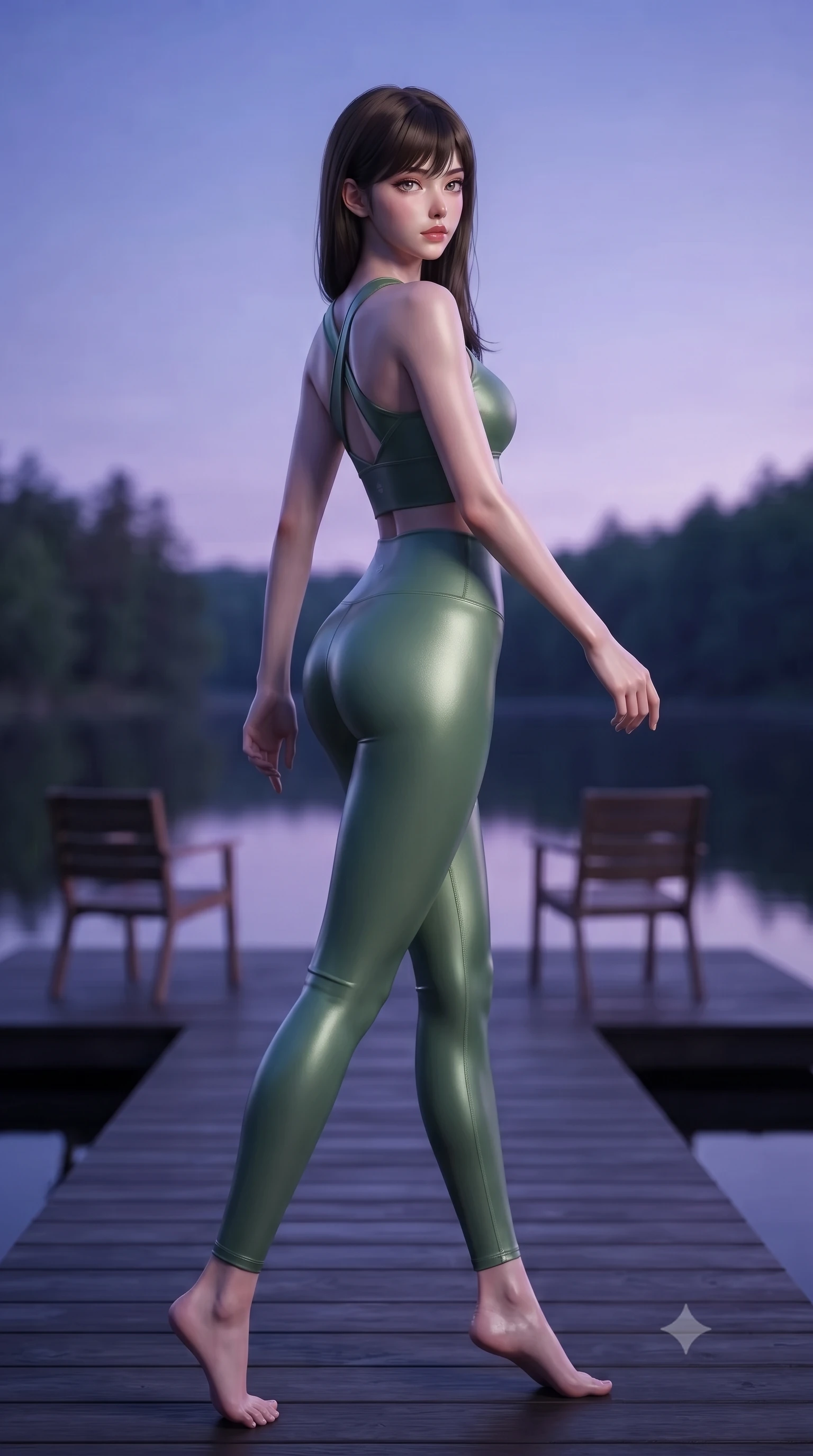 score_9, masterpiece, best quality, ultra-detailed, high-budget anime keyframe, editorial fashion photography, tasteful artistic composition, Korean woman woman. low angle full-body shot from head to toe showing her feet, filling the entire 9:16 vertical frame with her statuesque presence, stretching her vertical silhouette. stepping gracefully while looking back over her shoulder, her dress draped tightly to reveal her silhouette the background shows a soft-focus a simple dark wood deck extending over a calm forest lake, with two chairs. She has an absolutely perfect, statuesque 8.5-heads proportion, an exceptionally tall and slender model-like female figure with impossibly long slender legs and an ultra-slim waist. sharp v-shaped jawline, high-bridge nose, intricate jewel-like eyes with depth, thick eyelashes, glossy lips with a natural sheen. wearing a slim-fit form-fitting activewear set of a tailored cross-back crop top and matching tight leggings in sage green. the serene purple and blue hues of twilight reflecting on the still water. ultra-reflective glossy finish, specular highlights, metallic sheen, high-contrast stereoscopic depth, volumetric dynamic lighting, 2k, ultra detail, master piece, 9:16 ratio
