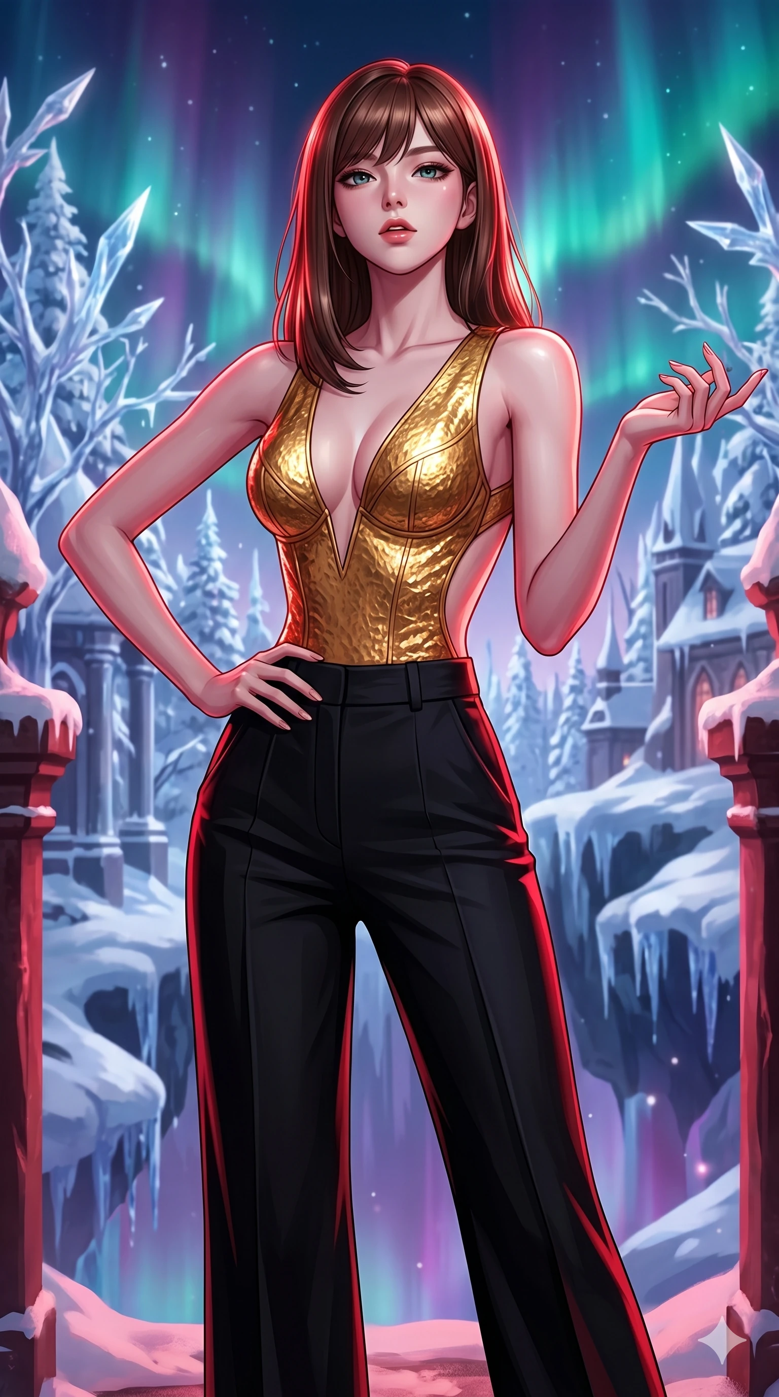 score_9, masterpiece, best quality, ultra-detailed, high-budget anime keyframe, editorial fashion photography, tasteful artistic composition, Korean woman. cowboy shot from the thighs up, character and outfit filling the frame for maximum editorial presence. Tilting her chin up slightly with lips parted in a composed expression within a dreamlike floating winter kingdom with frozen crystal trees and aurora skies. She has an absolutely perfect 8-heads proportion, an exceptionally tall and slender female figure with impossibly long slender legs and an ultra-slim waist. V-shaped jawline, high-bridge nose, intricate jewel-like eyes with depth, thick eyelashes, glossy lips with a natural sheen. wearing a sleeveless deep-V bodysuit in hammered gold with sculptural bust seaming and a bold open-back design descending to the lower back, paired with sharply tailored high-waist wide-leg trousers. drenched in deep crimson theatrical lighting with sharp specular highlights on every curve. 2k, ultra detail, master piece, 9:16 ratio