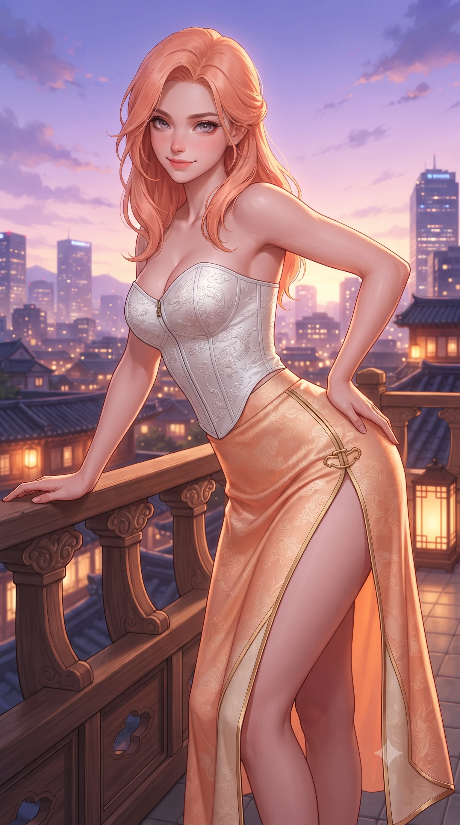 score_9, masterpiece, best quality, ultra-detailed, high-budget anime keyframe, editorial fashion photography, tasteful artistic composition, Japanese woman. close-up cowboy shot from the waist and thighs up, the character dominates the composition, filling the frame with her large presence. leaning forward over the carved veranda balustrade while arching her lower back to accentuate her curvy hips, looking into the camera with an enchanting coquettish smile and bedroom-eyes while leaning against the minimalist black steel balustrade with hips cocked back, casting an intoxicating bedroom-gaze over the illuminated Seoul metropolis. The surrounding environment is rendered in vivid detail and crisp panoramic clarity: detailed fusion silk texture, golden hour reflections on skin, and contemporary Korean architecture in razor-sharp precision. She has an exceptionally elegant, slender, and willowy female figure with an ultra-slim waist, flat toned midriff, narrow ribcage, and sculpted feminine hips creating an alluring, slim hourglass silhouette without bulk. sharp v-shaped jawline, high-bridge nose, intricate jewel-like dark sparkling almond eyes with depth, thick lashes, glossy parted lips with a natural rose-plum sheen, bright alluring and coquettish smile with bedroom-eyes, exuding both timeless oriental elegance and sovereign high-fashion allure, flawlessly proportioned anatomical accuracy, strict slender model proportions, natural body alignment, perfectly sculpted long slender limbs, ultra-slim waistline, clean dynamic posture without body distortion. wearing a tailored white porcelain-inspired structured corset top paired with an asymmetric flowing silk maxi skirt with a high slit in warm peach apricot and soft vanilla silk, made of rich jacquard silk with intricate embossed dragon and cloud motifs, finished with sharp laser-cut side hip slits framed by gold piping, the high-waisted wrap tailoring accentuating her ultra-slim waistline and the enchanting curve of her feminine hips with alluring oriental charm. bathed in glowing violet and rose-gold twilight sky radiance contrasting with warm rooftop lanterns. ultra-reflective glossy finish, specular highlights, rich textural contrasts, high-contrast stereoscopic depth, volumetric dynamic lighting, 2k, ultra detail, master piece, 9:16 ratio