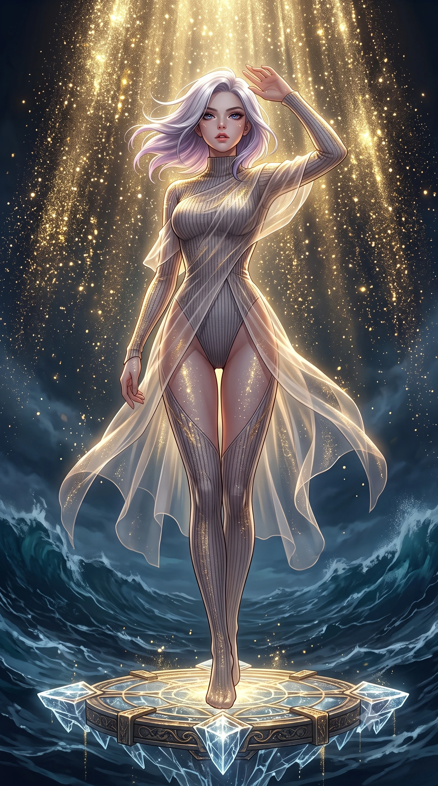 score_9, masterpiece, best quality, ultra-detailed, High-budget Anime Keyframe, Caucasian woman, strictly human ears. Low angle cowboy shot filling the entire 9:16 frame with her statuesque presence. Scenario 333: showering under a cascade of glittering gold stardust inside a floating platform suspended over a stormy sea of dark blue water. Her presence is magnetic and overpowering in this high-budget anime scene. Outfit 333: a form-contouring ribbed bodycon knit second with a high-cut leg line and translucent layers. The clothing is designed to emphasize her exceptionally tall and slender 8-heads proportion. 8-heads proportion, towering silhouette, ultra-slim waist. sharp v-shaped jawline, intricate jewel-like eyes with depth, thick eyelashes, glossy lips. 2k, ultra detail, master piece, 9:16 ratio