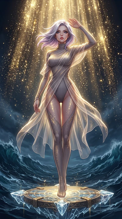 score_9, masterpiece, best quality, ultra-detailed, High-budget Anime Keyframe, Caucasian woman, strictly human ears. Low angle cowboy shot filling the entire 9:16 frame with her statuesque presence. Scenario 333: showering under a cascade of glitter