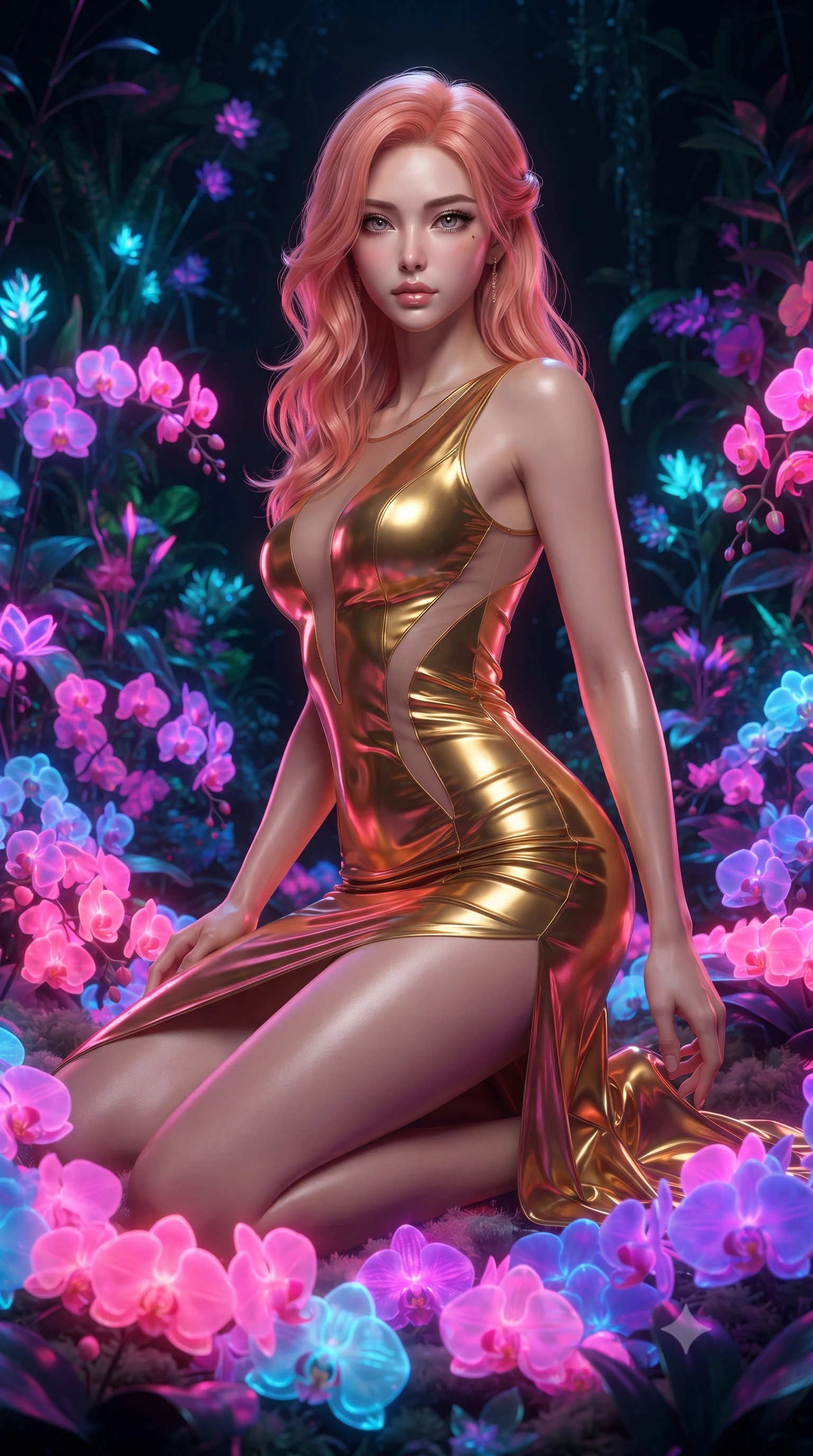 score_9, masterpiece, best quality, ultra-detailed, High-budget Anime Keyframe, editorial fashion photography, tasteful artistic composition, realistic cosplay photography, East Asian woman. Low angle cowboy shot filling the entire 9:16 frame with her statuesque presence. Scenario 284: kneeling on a soft bed of glowing neon orchids under a virtual garden where neon flowers bloom in the dark. Her presence is magnetic and overpowering in this high-budget cinematic scene. Outfit 284: a body-hugging molten liquid silk gold with a sheer panels and wet-look texture. The clothing is designed to emphasize her exceptionally tall and slender 8-heads proportion. 8-heads proportion, towering silhouette, ultra-slim waist. sharp v-shaped jawline, intricate jewel-like eyes with depth, thick eyelashes, glossy lips. ultra-reflective glossy finish, specular highlights, metallic sheen, high-contrast stereoscopic depth, volumetric dynamic lighting, 2k, ultra detail, master piece, 9:16 ratio