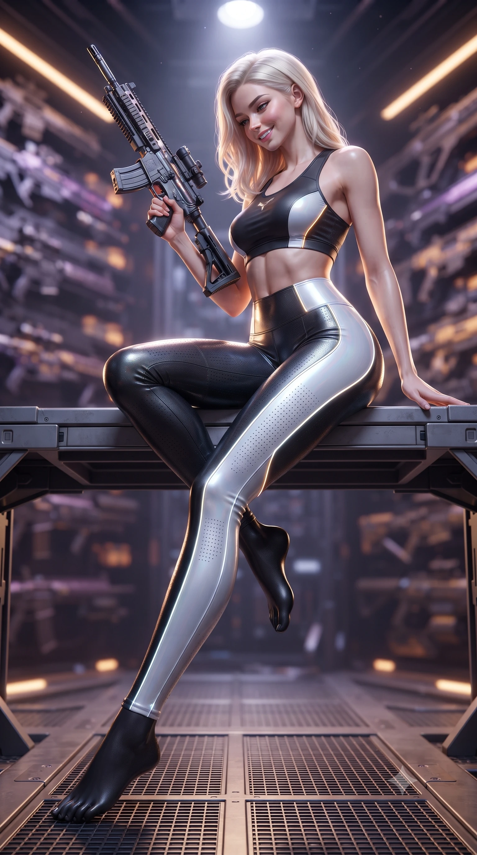 score_9, masterpiece, best quality, ultra-detailed, high-budget anime keyframe, editorial fashion photography, tasteful artistic composition, Caucasian woman. low angle full-body shot from head to toe showing her feet, filling the entire 9:16 vertical frame with her statuesque presence, stretching her vertical silhouette. sitting perched on the elevated maintenance gantry edge with legs crossed and hips angled toward the camera, displaying her toned midriff and long slender limbs with joyful, coquettish charm while standing poised between rows of glowing magnetic weapon racks, arching her back with dangerous seductive poise while inspecting an energy rifle. The background shows a soft-focus hundreds of futuristic plasma carbines and heavy railguns locked in glowing charging bays blurred into violet, amber, and gunmetal bokeh. She has an absolutely perfect, statuesque 8.5-heads proportion, an exceptionally tall and slender model-like female figure with impossibly long slender legs, an ultra-slim waist, a flat toned midriff, narrow delicate ribcage, and beautifully sculpted feminine hips creating a graceful, slim hourglass silhouette without any bulky heaviness. sharp v-shaped jawline, high-bridge nose, intricate jewel-like sparkling eyes with depth, thick eyelashes, glossy parted lips with a natural sheen, bright confident smile with an enchanting and coquettish sensual glint, exuding both youthful magnetic charm and sovereign high-tech allure, flawlessly proportioned anatomical accuracy, strict slender model proportions, natural body alignment, perfectly sculpted long slender limbs, ultra-slim waistline, clean dynamic posture without body distortion. wearing a tactical racerback athletic crop top paired with skin-tight high-waisted holographic combat leggings in dual-tone high-contrast monochrome black and stark white, made of high-grade ballistic nylon with precision laser-cut perforations, accented with glowing neon fiber-optic piping tracing her spine and hip lines, the precision-cut side openings and low-back scoop framing her graceful spine and the sensual sweep of her slim, toned hips. illuminated by focused overhead spotlighting and sharp amber rim lights defining her slim torso, narrow waist, and curvy hips. ultra-reflective glossy finish, specular highlights, rich textural contrasts, high-contrast stereoscopic depth, volumetric dynamic lighting, 2k, ultra detail, master piece, 9:16 ratio