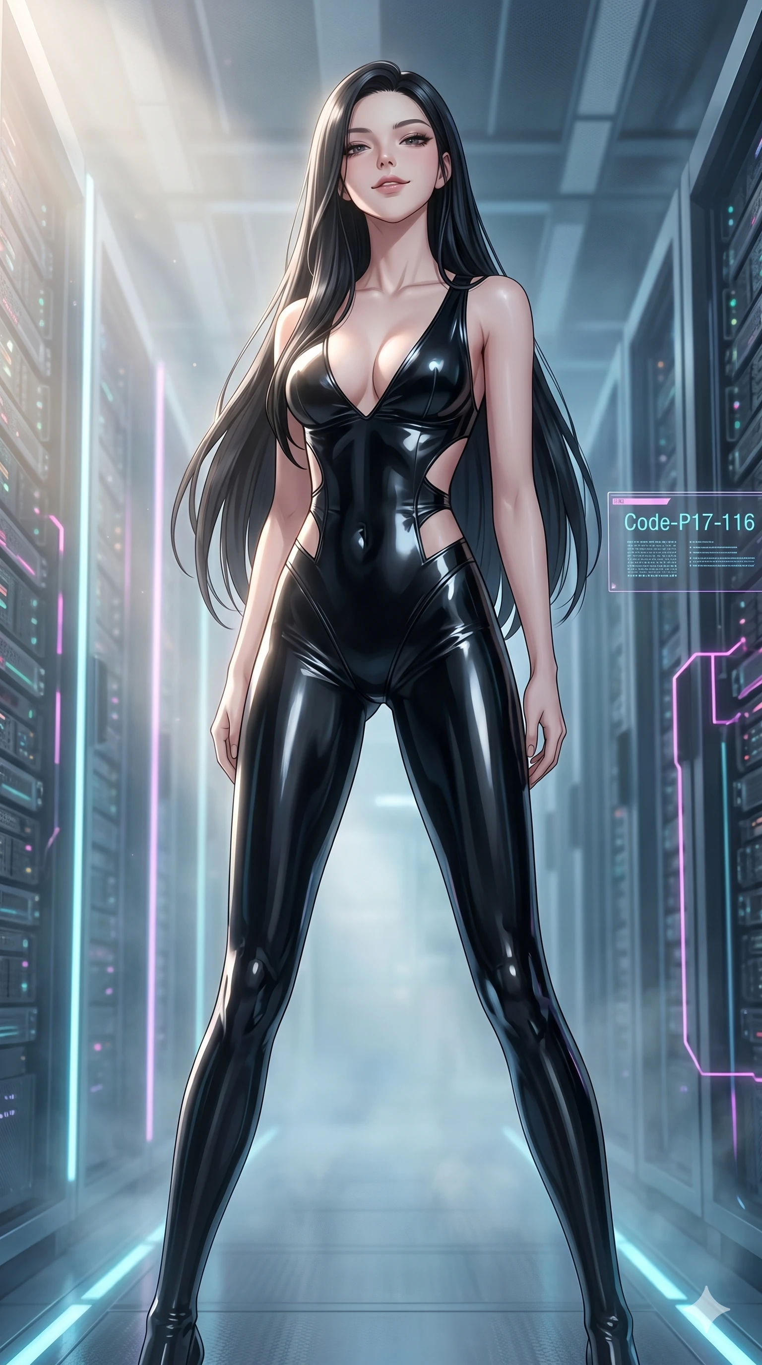 score_9, masterpiece, best quality, ultra-detailed, high-budget anime keyframe, editorial fashion photography, tasteful artistic composition, Korean woman. cowboy shot from the thighs up, character and outfit filling the frame for maximum editorial presence. tilting her head back slightly, looking down with a self-assured smile in a cyberpunk server corridor with pulsing neon lines (Code-P17-116). She has an absolutely perfect 8-heads proportion, an exceptionally tall and slender female figure with impossibly long slender legs and an ultra-slim waist. V-shaped jawline, high-bridge nose, intricate jewel-like eyes with depth, thick eyelashes, glossy lips with a natural sheen. wearing a sleek latex bodysuit with a plunging neck and side cutouts. soft morning sunbeams filtering through the mist, creating a soft glowing atmosphere. 2k, ultra detail, master piece, 9:16 ratio