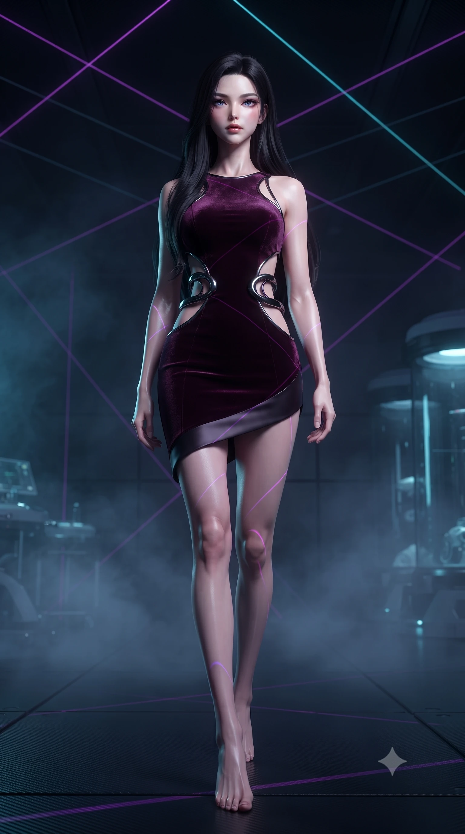 score_9, masterpiece, best quality, ultra-detailed, high-budget anime keyframe, editorial fashion photography, tasteful artistic composition, Korean woman. low angle full-body shot from head to toe showing her feet, filling the entire 9:16 vertical frame with her statuesque presence, stretching her vertical silhouette. forging confidently through the dark atmospheric mist, holding a poised statuesque stance, inside a futuristic dark laboratory built from matte black carbon fiber panels, laser grid lines casting sharp dark violet and cyan geometric patterns. She has an absolutely perfect, statuesque 8.5-heads proportion, an exceptionally tall and slender model-like female figure with impossibly long slender legs and an ultra-slim waist. sharp v-shaped jawline, high-bridge nose, intricate jewel-like eyes with depth, thick eyelashes, glossy lips with a natural sheen. wearing dramatic open-waist cutout mini dress in dark velvet framed by chrome hardware in dark plum violet, made of soft dark satin, accented with sculpted obsidian chrome rings at the waist, sculpting her athletic slender build with refined precision. illuminated by sharp cyan stasis light and dark violet laser rim lighting. highly saturated vibrant anime colors, detailed shading with soft gradients, rich glossy textures, high-contrast stereoscopic depth, volumetric dynamic lighting, master piece, 9:16 ratio