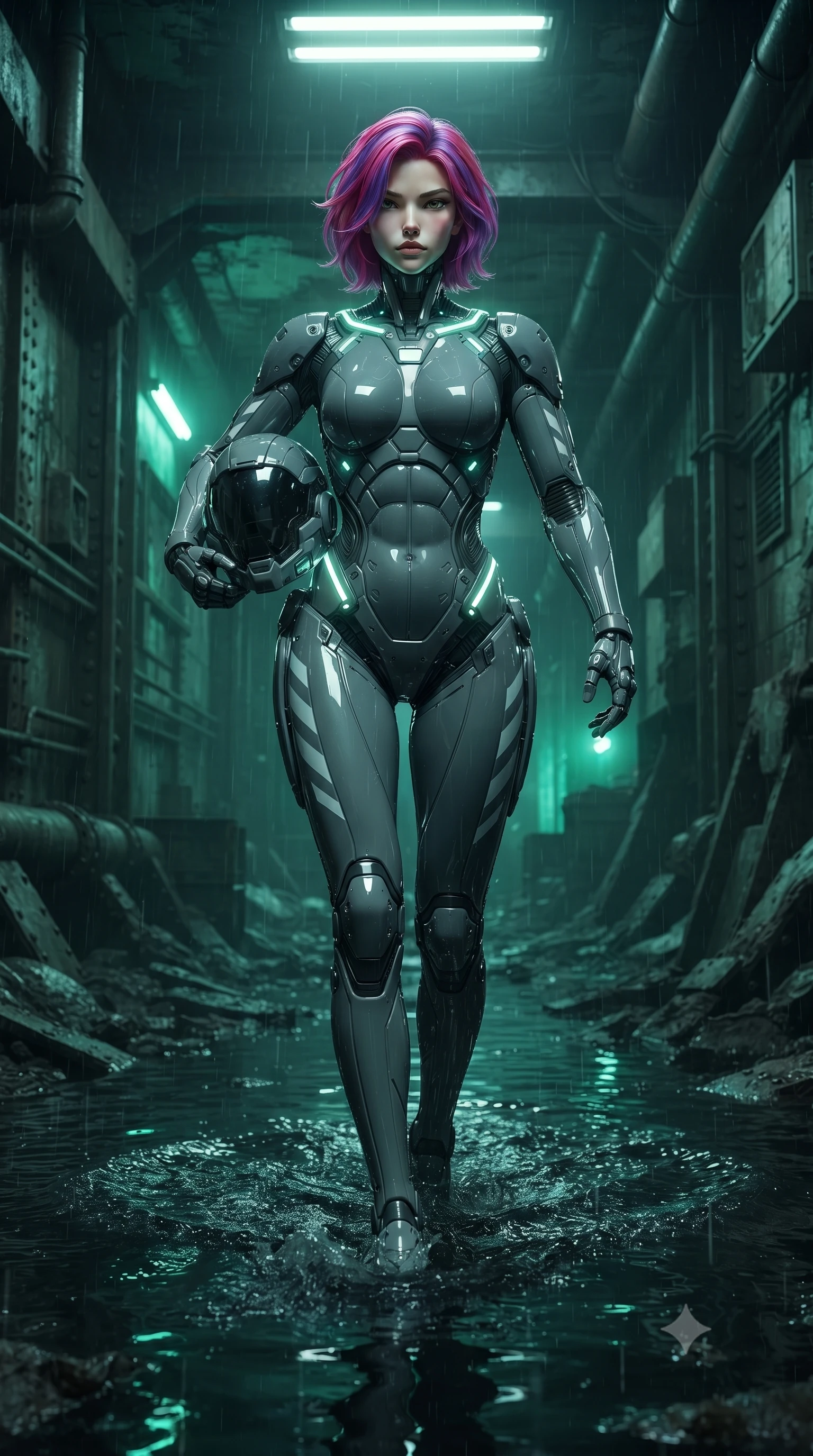 score_9, masterpiece, best quality, ultra-detailed, high-budget anime keyframe, editorial fashion photography, tasteful artistic composition, Caucasian woman. low angle full-body shot from head to toe showing her feet, filling the entire 9:16 vertical frame with her statuesque presence, stretching her vertical silhouette. striding forward with sovereign warrior elegance in a low, predatory combat advance through the ruins, hips swaying with fierce athletic poise while striding through knee-deep dark water with unwavering momentum, her long slender legs and athletic torso cutting through the tide. The surrounding environment is rendered in vivid detail and crisp panoramic clarity. detailed drainage pipe rivets, water ripple caustics, and mud-scuffed armor accents in high resolution. She has an absolutely perfect, statuesque 8.5-heads proportion, an exceptionally tall and slender model-like female figure with impossibly long slender legs, a toned flat midriff, and an ultra-slim waist. sharp v-shaped jawline, high-bridge nose, intricate jewel-like eyes with depth, thick eyelashes, glossy lips with a natural sheen, fierce and resolute heroine expression, flawlessly proportioned anatomical accuracy, strict slender model proportions, natural body alignment, perfectly sculpted long slender limbs, ultra-slim waistline, clean dynamic posture without body distortion. holding a modular carbon battle-helmet under one arm, her flawless face and sculpted neck exposed to the rain with determined warrior focus, paired with an ultra-sleek high-gloss carbon-composite exoskeleton suit featuring kinetic shock-absorbing shin guards and flexible limb articulation joints in storm-grey carbon mesh with high-contrast white hazard stripes, made of lightweight aerodynamic carbon-titanium alloy with precision-beveled armor seams, accented with glowing fiber-optic telemetry conduits tracing her collarbones and hip curves, the form-contouring material adhering flawlessly to her sculpted flat midriff and slender torso, emphasizing her long leg lines and perfectly proportioned willowy build. bathed in eerie emerald biochemical uplights and cold white fluorescent ceiling spotlights. ultra-reflective glossy finish, specular highlights, dark metallic sheen, high-contrast stereoscopic depth, volumetric dynamic lighting, 2k, ultra detail, master piece, 9:16 ratio