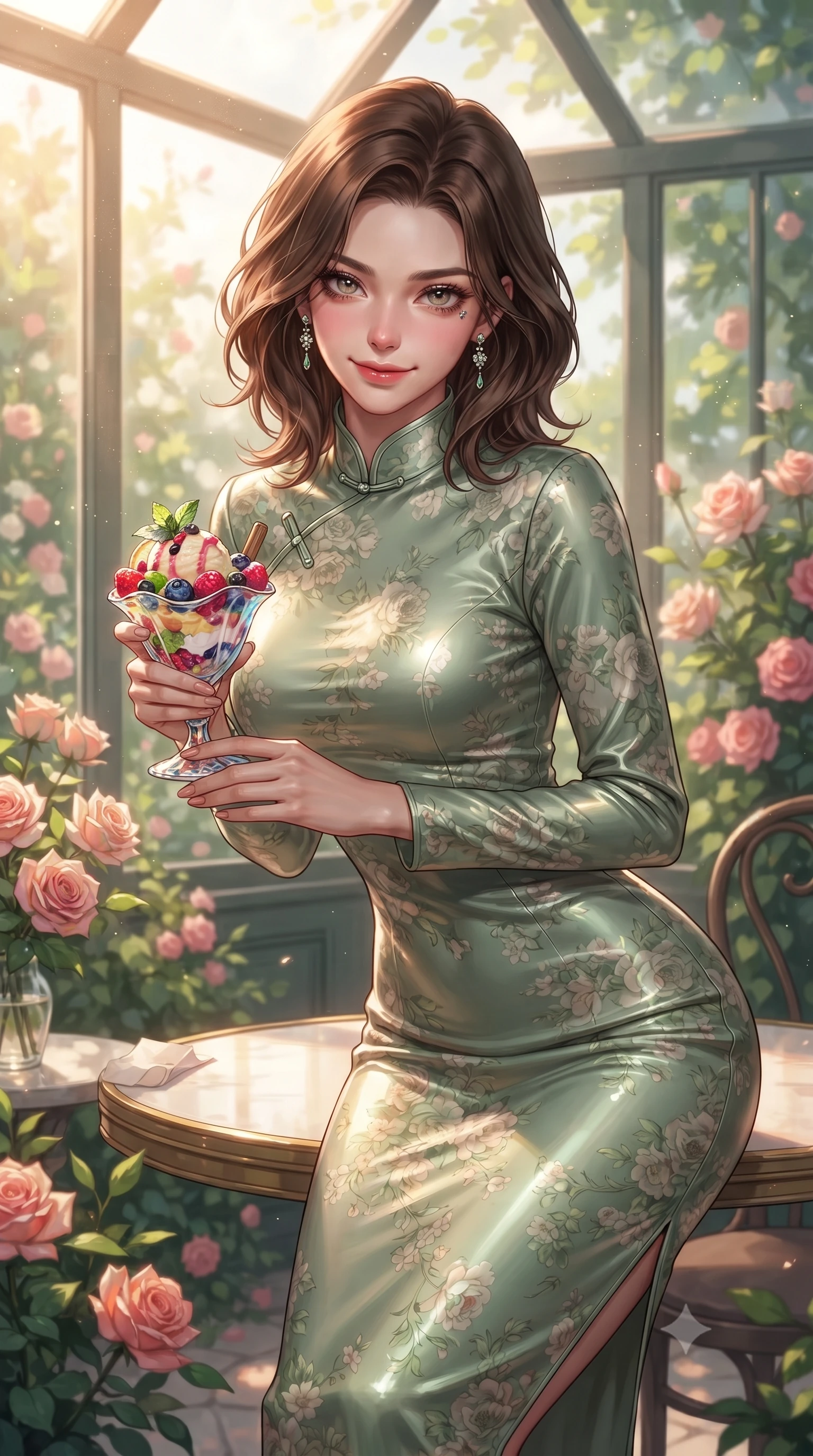 score_9, masterpiece, best quality, ultra-detailed, high-budget anime keyframe, editorial fashion photography, tasteful artistic composition, Korean woman. close-up cowboy shot from the waist and thighs up, the character dominates the composition, filling the frame with her large presence, background elements kept in soft focus. leaning slightly forward with a playful, sultry smile that holds direct, intense eye contact set against a soft-focus background of in a quiet corner table of a glass-walled garden cafe surrounded by roses holding a colorful ice cream coupe with fresh berries and mint. She has an exceptionally elegant, slender, and willowy female figure with an ultra-slim waist, a gracefully sculpted slender torso, and a refined silhouette. sharp v-shaped jawline, high-bridge nose, intricate jewel-like eyes with depth, thick eyelashes, glossy lips with a natural sheen. wearing body-hugging lovely floral print midi dress in sage green, featuring a high collar and long sleeves. warm morning sunbeams filtering through the large front glass windows. ultra-reflective glossy finish, specular highlights, metallic sheen, high-contrast stereoscopic depth, volumetric dynamic lighting, 2k, ultra detail, master piece, 9:16 ratio