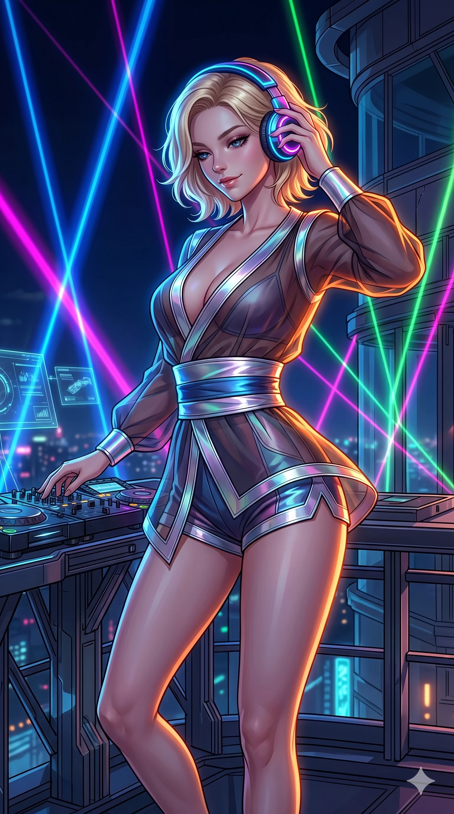 score_9, masterpiece, best quality, ultra-detailed, high-budget anime keyframe, editorial fashion photography, tasteful artistic composition, Caucasian woman, strictly human ears. Upper body close-up from the thighs up, character filling the screen for maximum presence. She is adjusting glowing neon headphones at a futuristic rooftop DJ booth. She sways to the music, glancing down at the crowd below with a confident, mesmerizing smile. She has an absolutely perfect 8-heads proportion, an exceptionally tall and slender female figure with impossibly long slender legs and an ultra-slim waist. V-shaped jawline, high-bridge nose, intricate jewel-like eyes with depth, thick eyelashes, glossy lips with a natural sheen. She is wearing a shortened cyber-fusion wrap top with transparent chiffon panels, a deep crossover neckline, and a high-waisted metallic sash that accentuates her ultra-slim waist. The scene is lit by brilliant neon club laser beams and bright orange key lights tracing her curves. 2k, ultra detail, master piece, 9:16 ratio