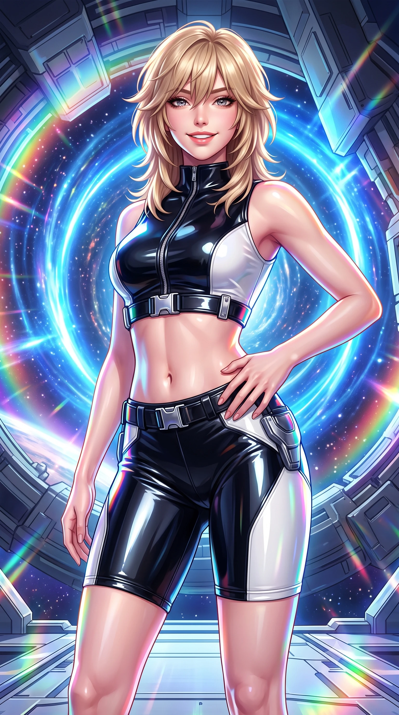 score_9, masterpiece, best quality, ultra-detailed, high-budget anime keyframe, semi-realistic 3D game render, editorial fashion photography, tasteful artistic composition, Japanese woman. close-up cowboy shot from the waist and thighs up, the character dominates the composition, filling the frame with her large presence. twisting her slender torso in an alluring contrapposto stance, one hand resting on her sculpted hip armor while glancing back with effortless sovereign poise while standing poised on the open launch platform facing the swirling cosmic hyperspace vortex, arching her spine with sovereign supermodel poise. The surrounding environment is rendered in vivid detail and crisp panoramic clarity: detailed combat suit sheen, cosmic chromatic reflections on armor, and monumental space station engineering in high clarity. She has an exceptionally elegant, slender, and willowy female figure with an ultra-slim waist, flat toned midriff, narrow ribcage, and sculpted feminine hips creating an alluring, slim hourglass silhouette without bulk. sharp v-shaped jawline, high-bridge nose, intricate jewel-like sparkling eyes with depth, thick eyelashes, glossy parted lips with a natural sheen, bright confident smile with an enchanting and coquettish sensual glint, exuding both youthful magnetic charm and sovereign high-tech allure, flawlessly proportioned anatomical accuracy, strict slender model proportions, natural body alignment, perfectly sculpted long slender limbs, ultra-slim waistline, clean dynamic posture without body distortion. wearing a sleek two-piece combat athletic set with a zip-front mock-neck crop top and contouring biker shorts hugging her curvy hips in dual-tone high-contrast monochrome black and stark white, tailored from ultra-reflective glossy liquid vinyl with mirror-like specular highlights, finished with polished chrome buckle hardware and modular magnetic holster clasps, the aerodynamic second-skin silhouette tightly following the natural contour of her hips and long slender legs with youthful 8.5-heads elegance. bathed in radiant chromatic prism light and intense electric blue warp ring flashes. highly saturated vibrant anime colors, detailed shading with soft gradients, rich glossy textures, high-contrast stereoscopic depth, volumetric dynamic lighting, master piece, 9:16 ratio